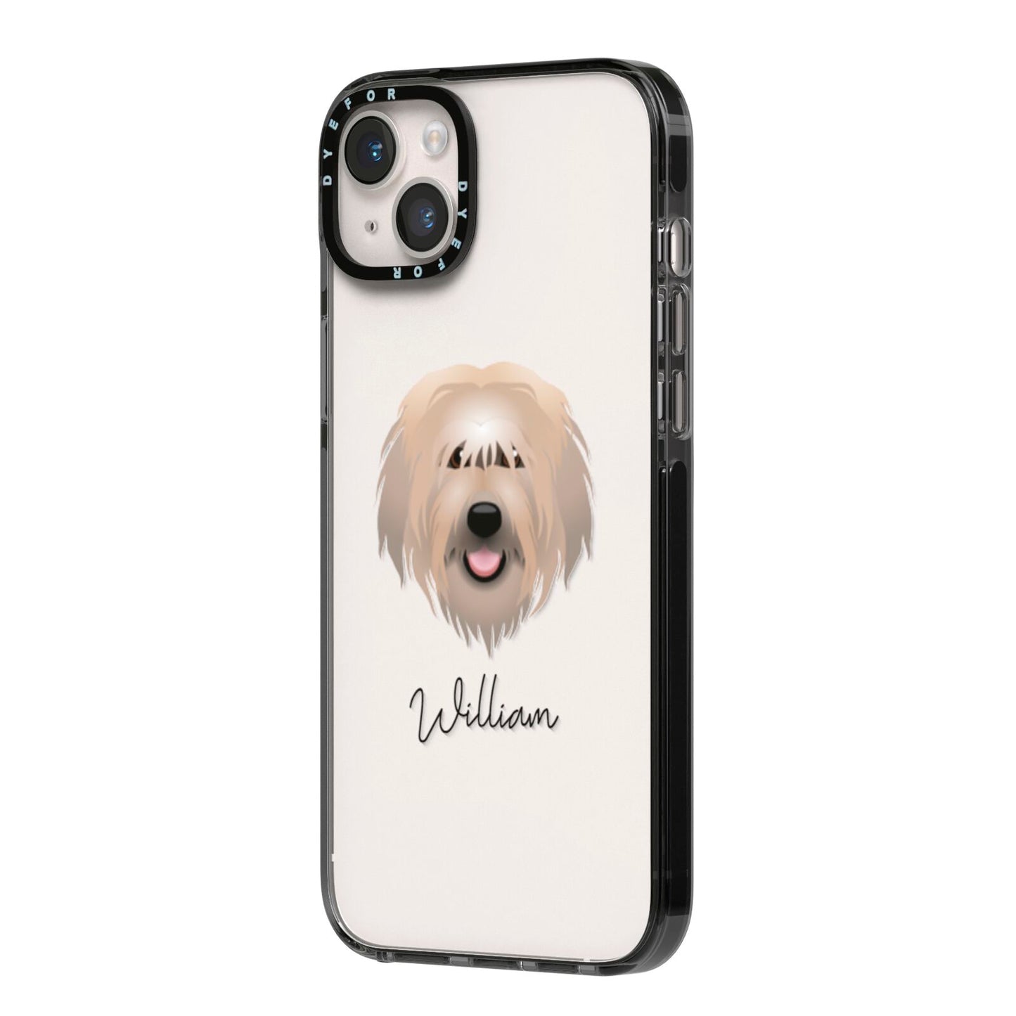 Catalan Sheepdog Personalised iPhone 14 Plus Black Impact Case Side Angle on Silver phone