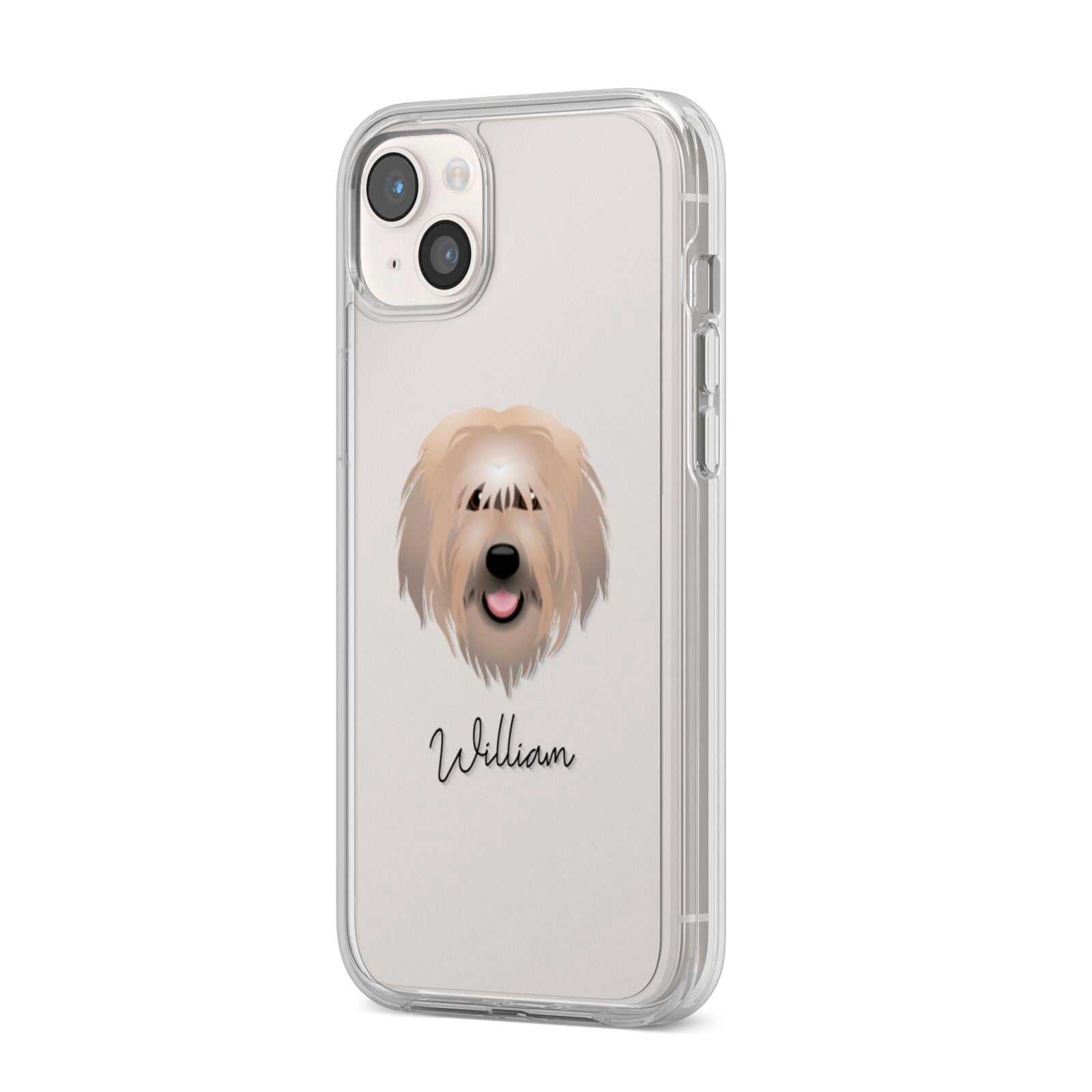 Catalan Sheepdog Personalised iPhone 14 Plus Clear Tough Case Starlight Angled Image