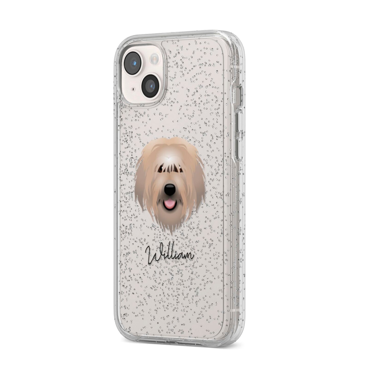 Catalan Sheepdog Personalised iPhone 14 Plus Glitter Tough Case Starlight Angled Image