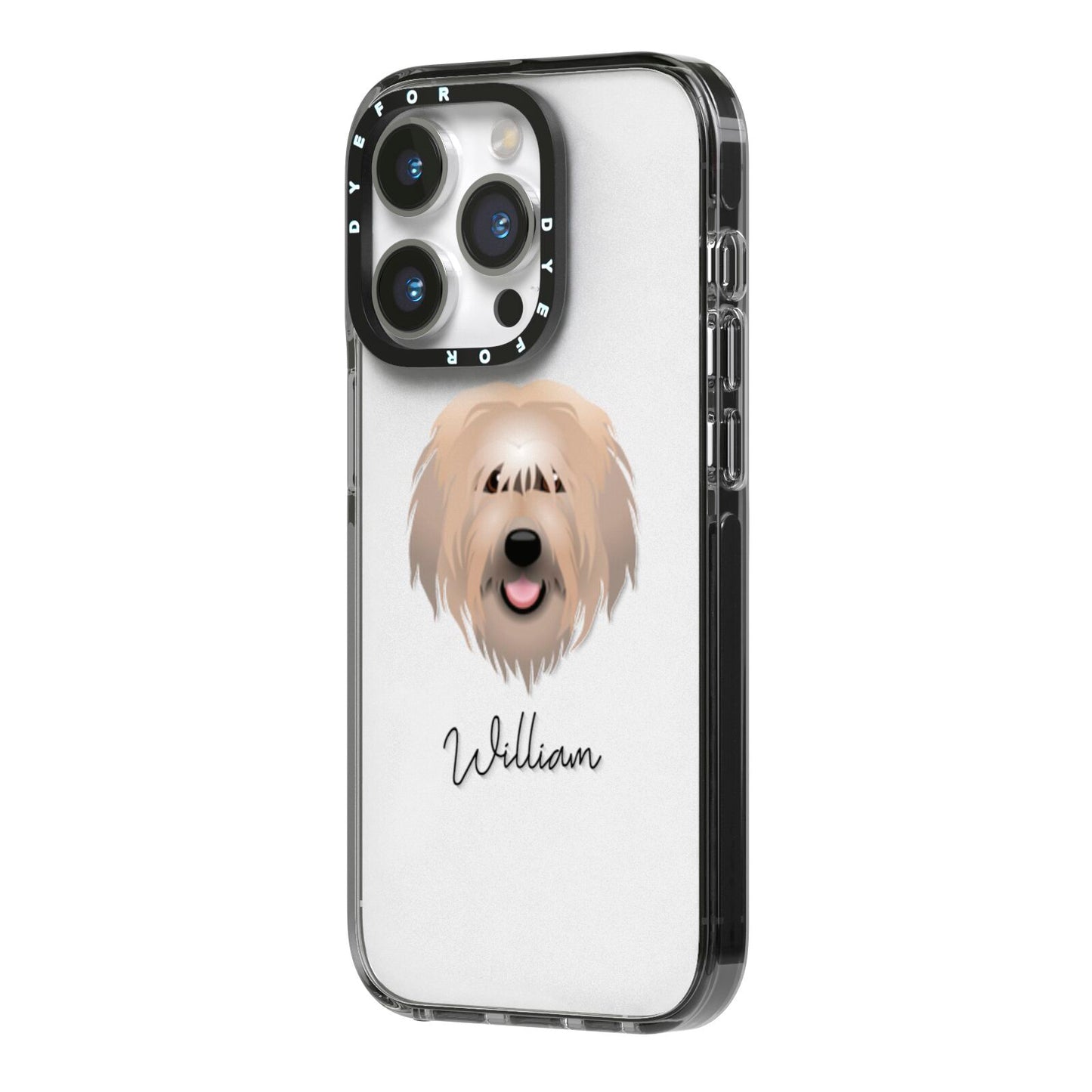 Catalan Sheepdog Personalised iPhone 14 Pro Black Impact Case Side Angle on Silver phone