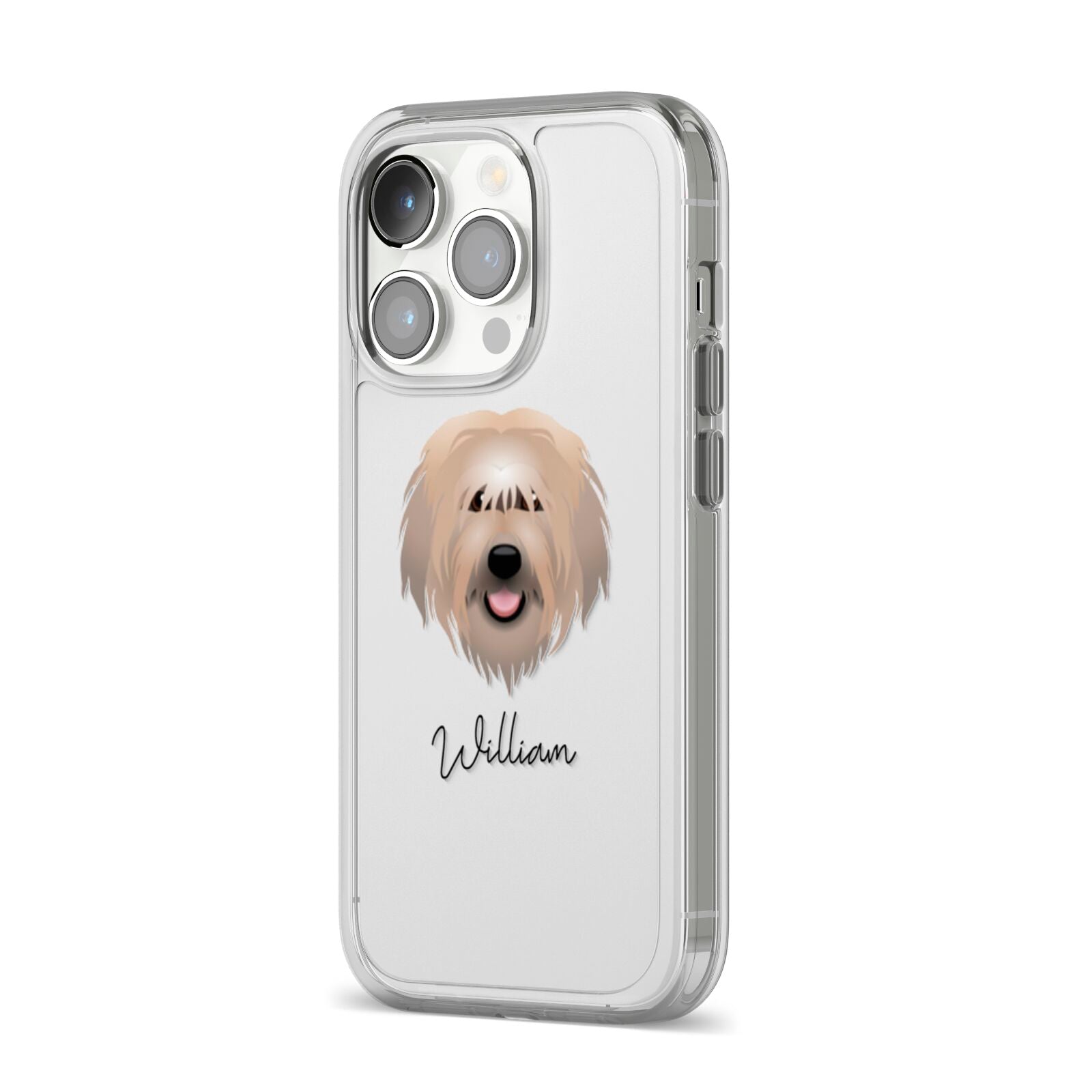 Catalan Sheepdog Personalised iPhone 14 Pro Clear Tough Case Silver Angled Image