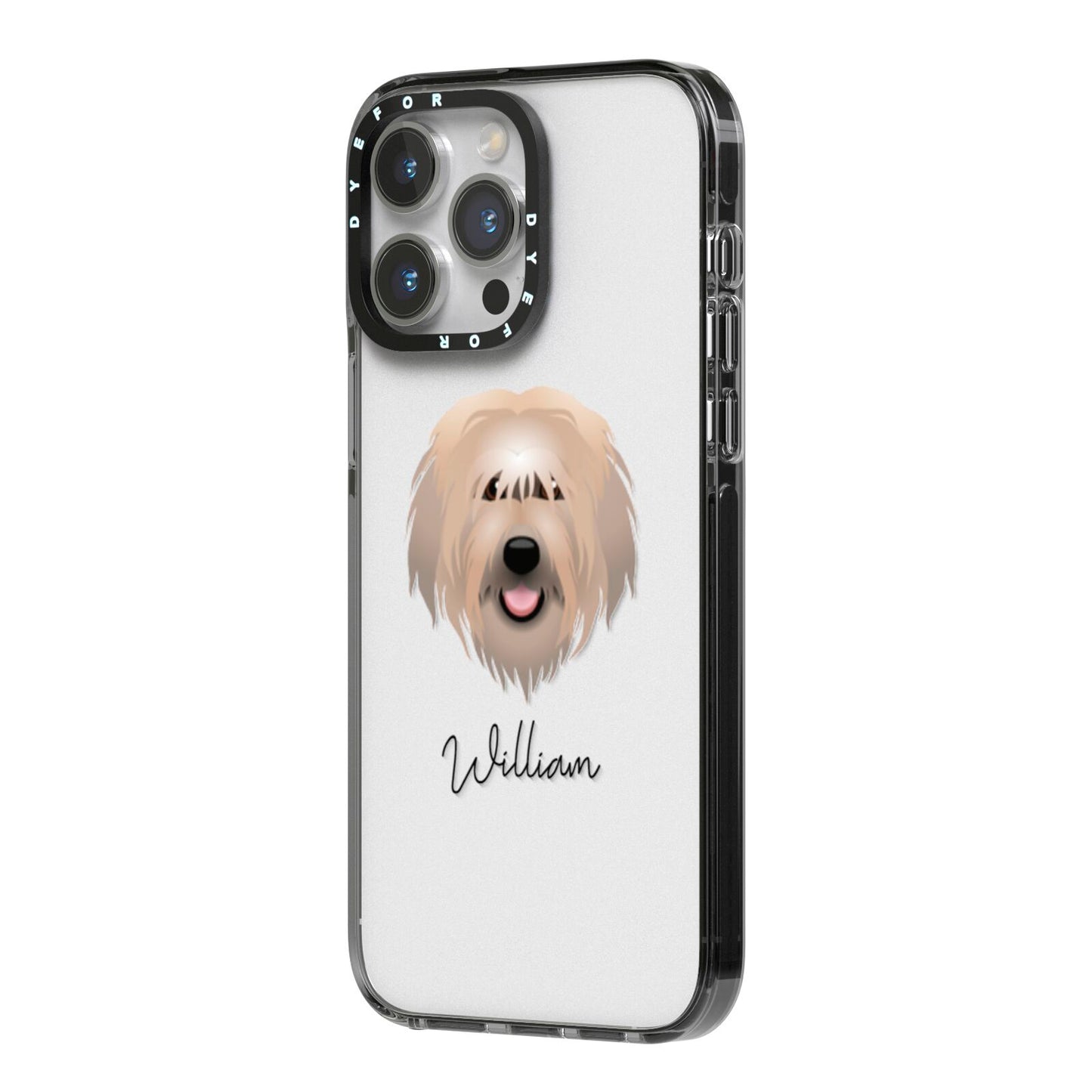 Catalan Sheepdog Personalised iPhone 14 Pro Max Black Impact Case Side Angle on Silver phone