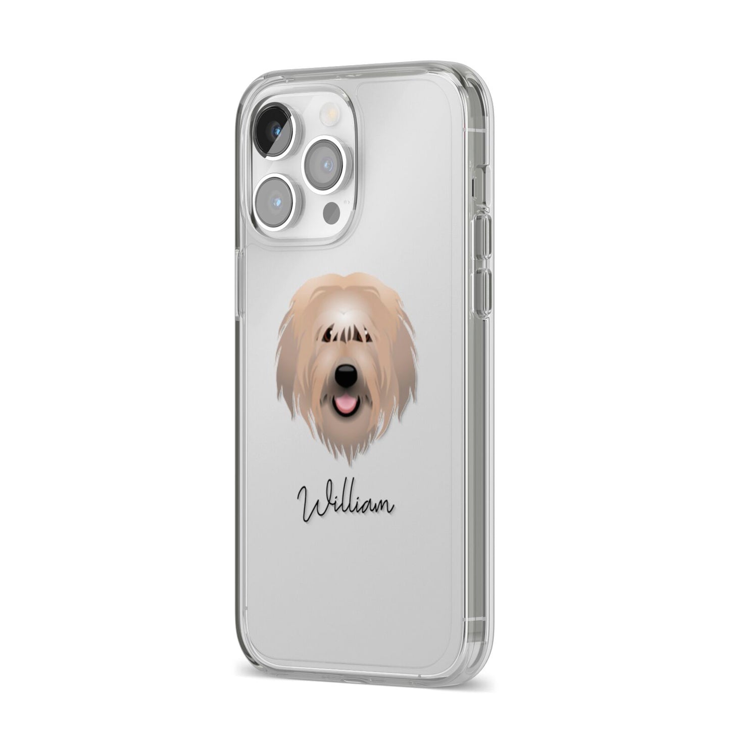 Catalan Sheepdog Personalised iPhone 14 Pro Max Clear Tough Case Silver Angled Image
