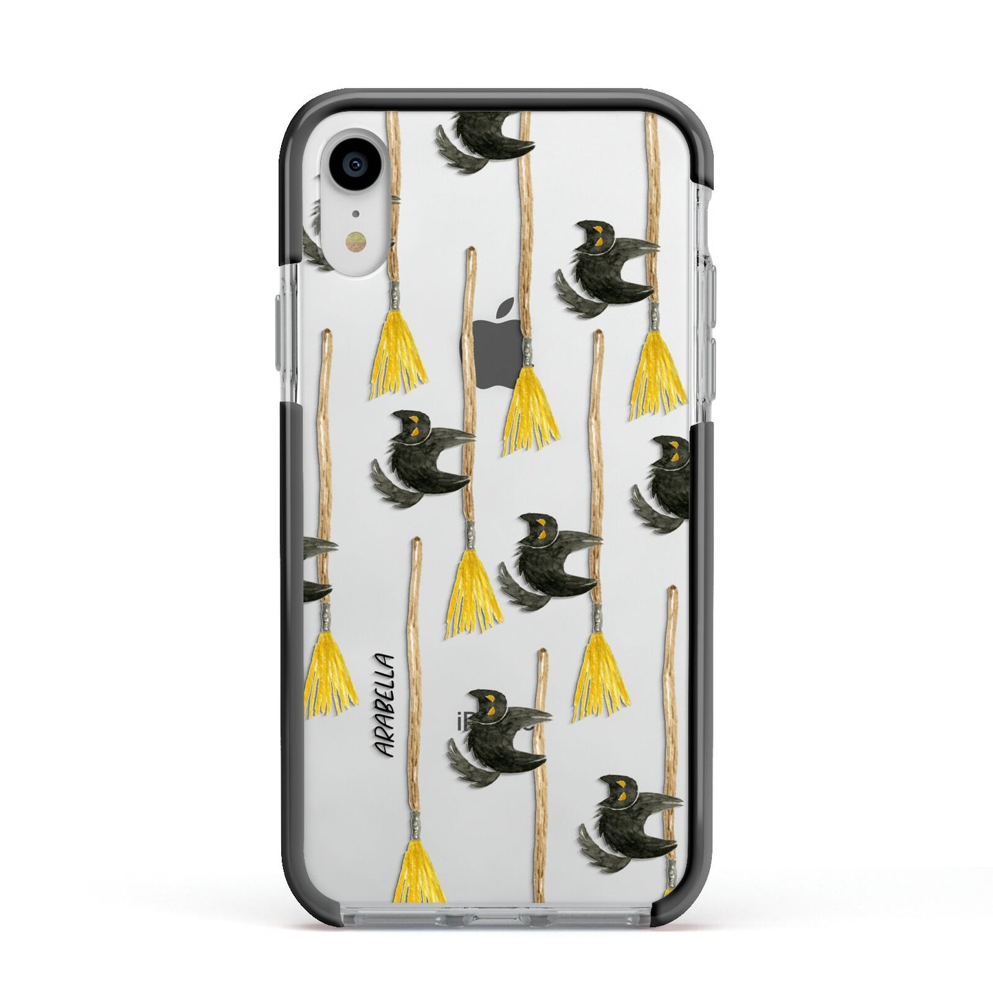 Cats on Broomsticks Halloween Apple iPhone XR Impact Case Black Edge on Silver Phone