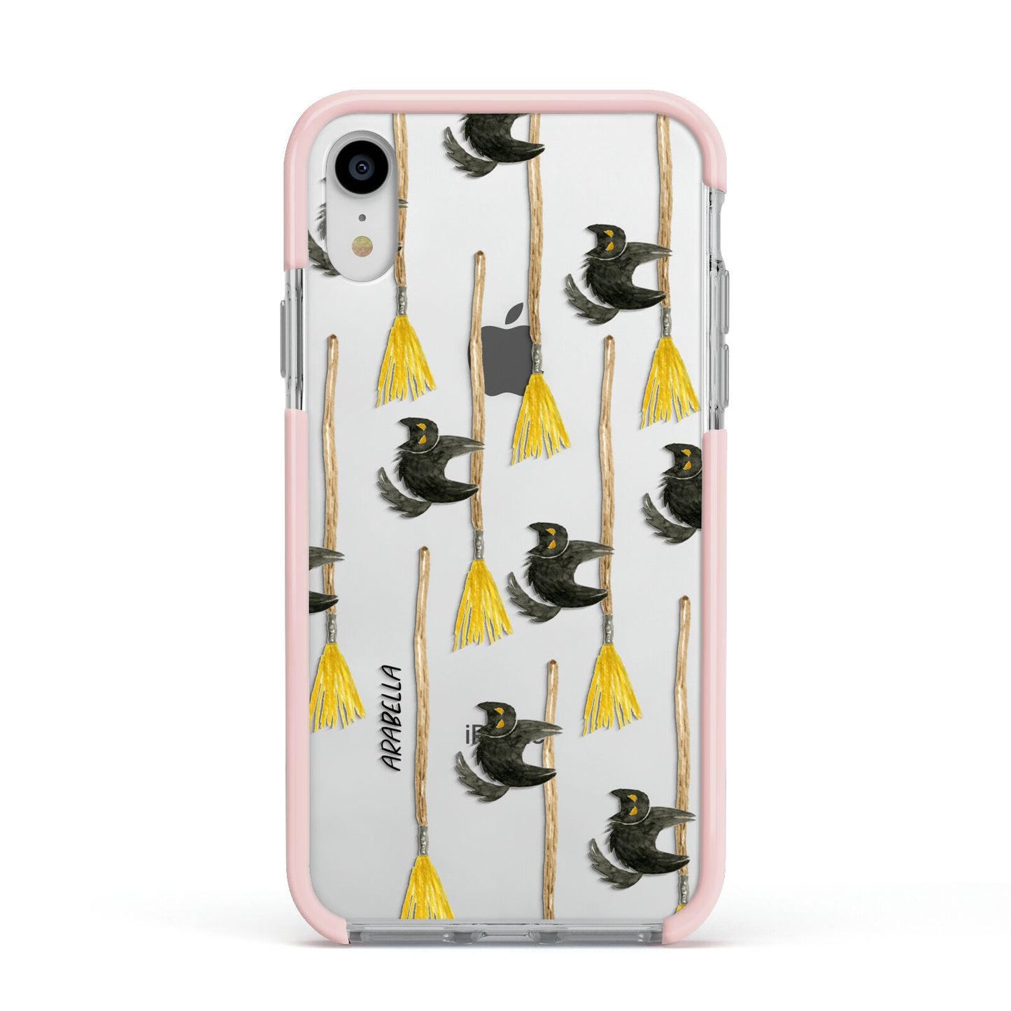 Cats on Broomsticks Halloween Apple iPhone XR Impact Case Pink Edge on Silver Phone