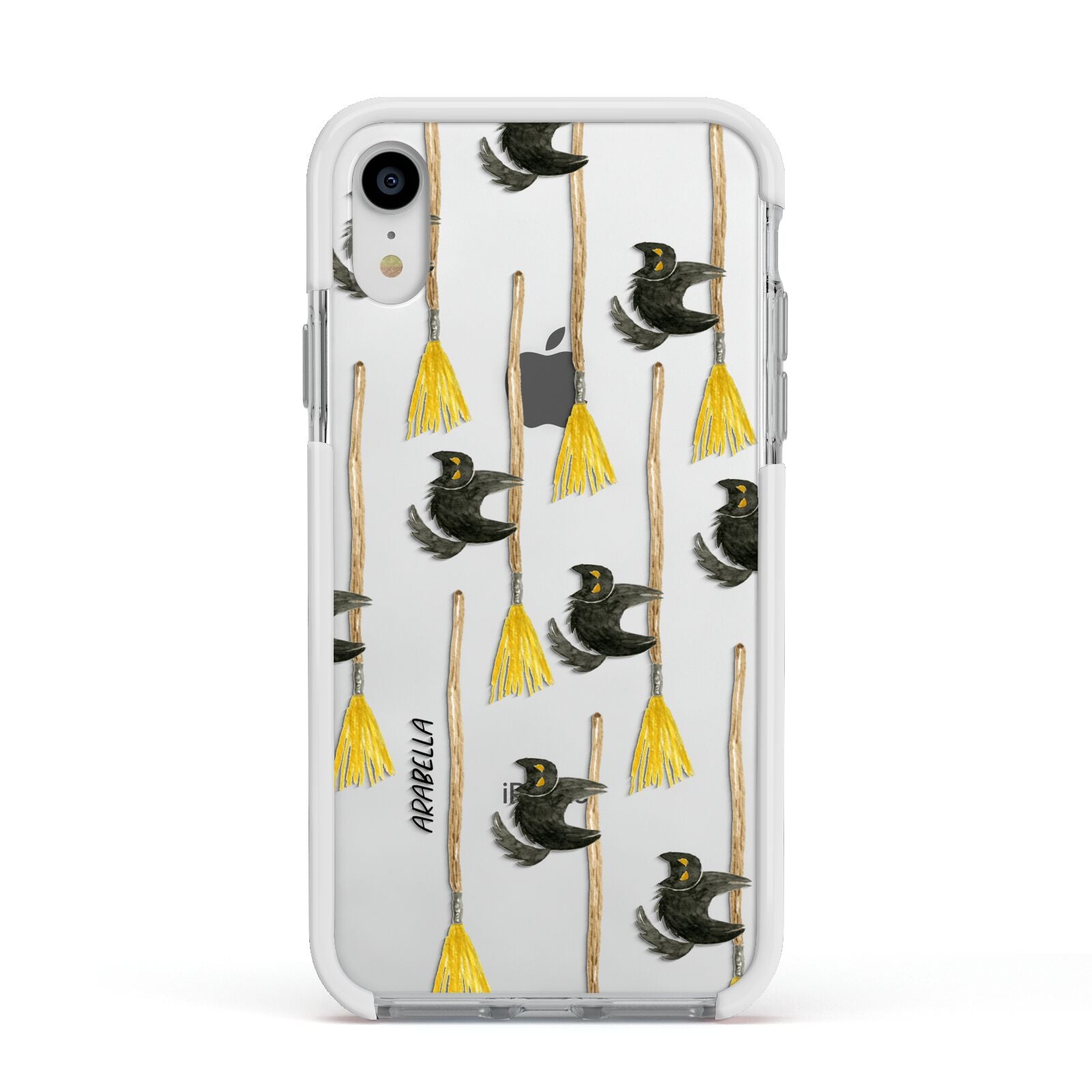 Cats on Broomsticks Halloween Apple iPhone XR Impact Case White Edge on Silver Phone