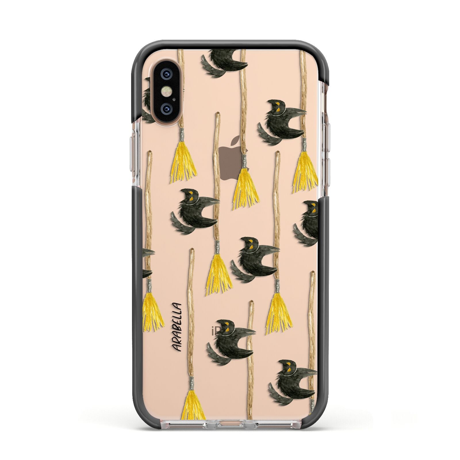 Cats on Broomsticks Halloween Apple iPhone Xs Impact Case Black Edge on Gold Phone