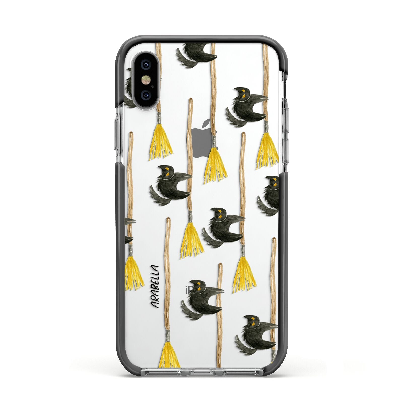 Cats on Broomsticks Halloween Apple iPhone Xs Impact Case Black Edge on Silver Phone