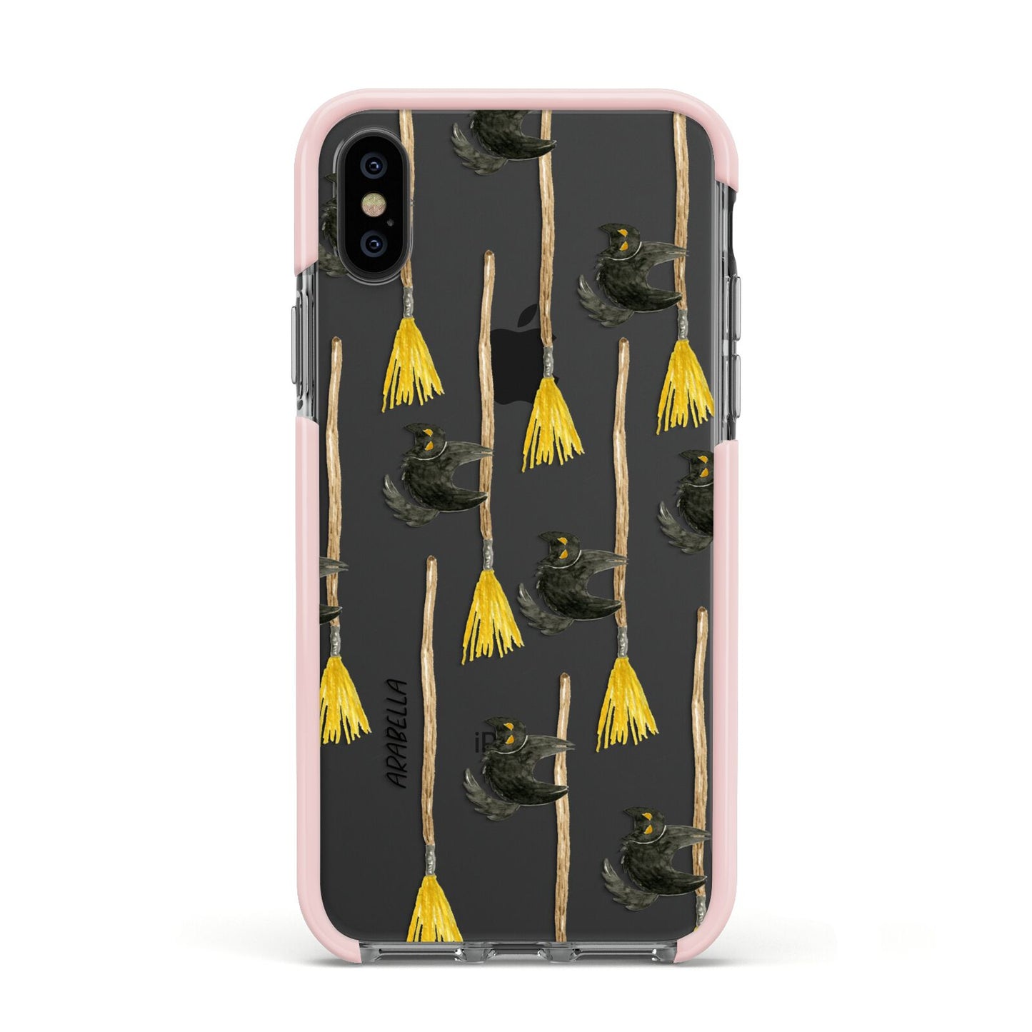 Cats on Broomsticks Halloween Apple iPhone Xs Impact Case Pink Edge on Black Phone