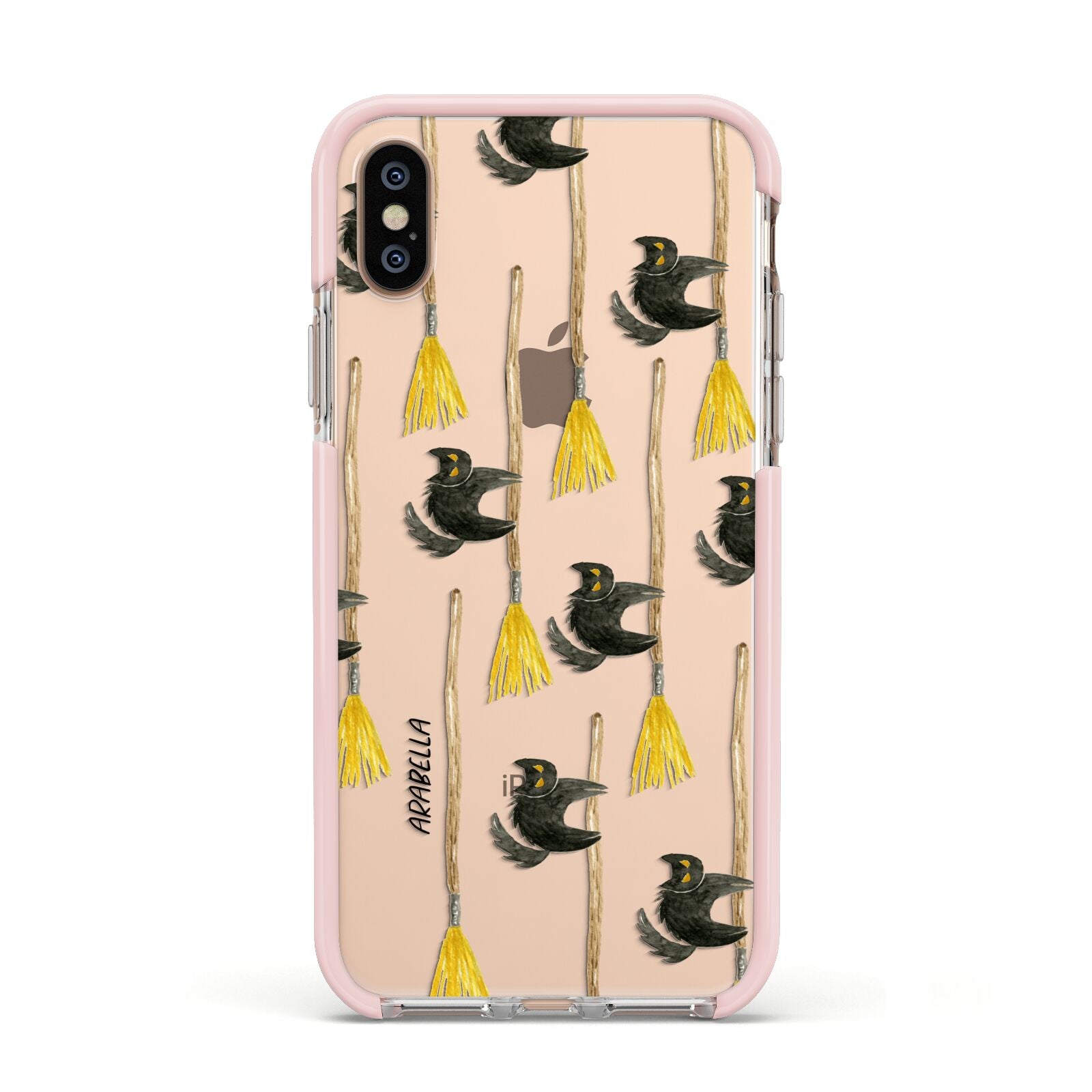 Cats on Broomsticks Halloween Apple iPhone Xs Impact Case Pink Edge on Gold Phone