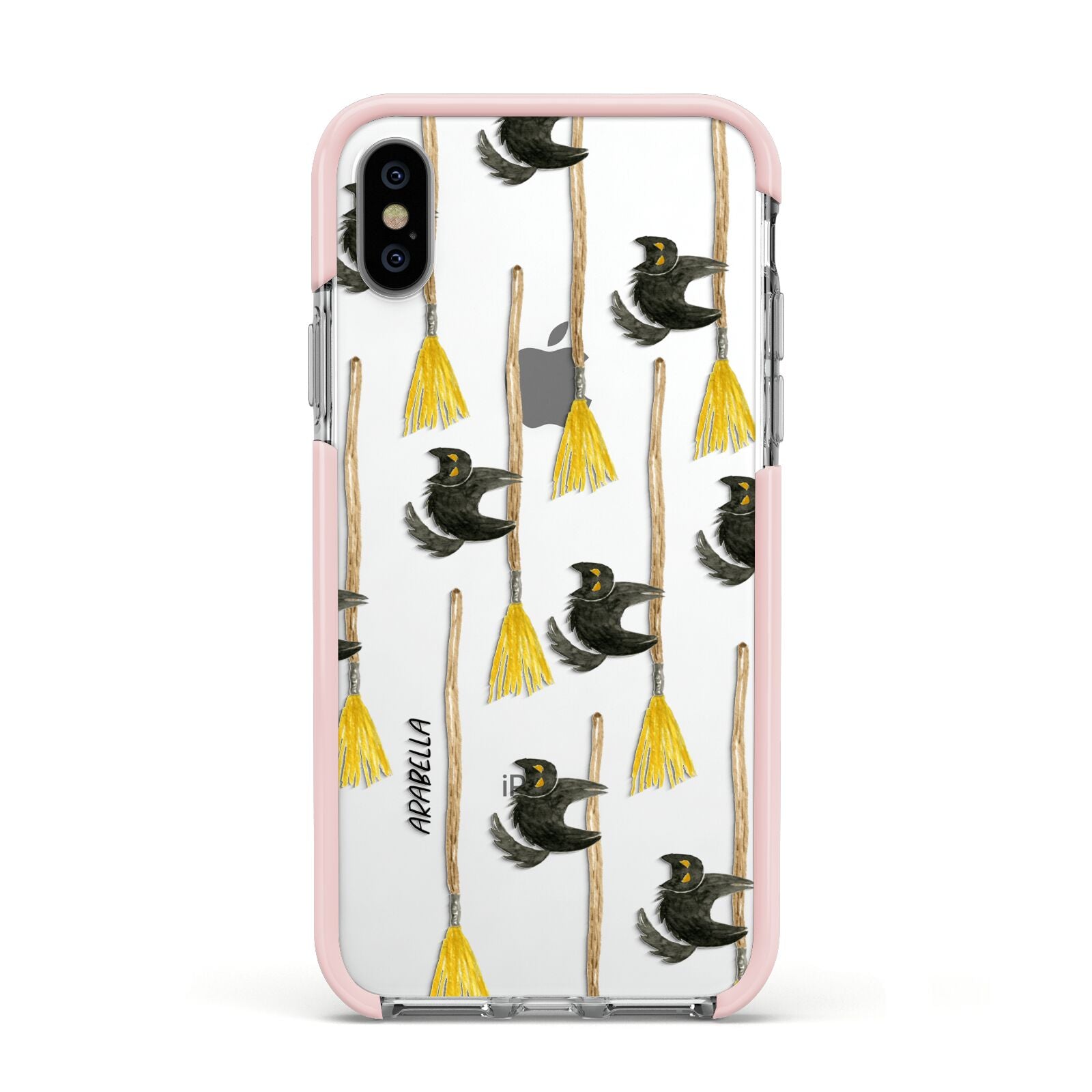 Cats on Broomsticks Halloween Apple iPhone Xs Impact Case Pink Edge on Silver Phone