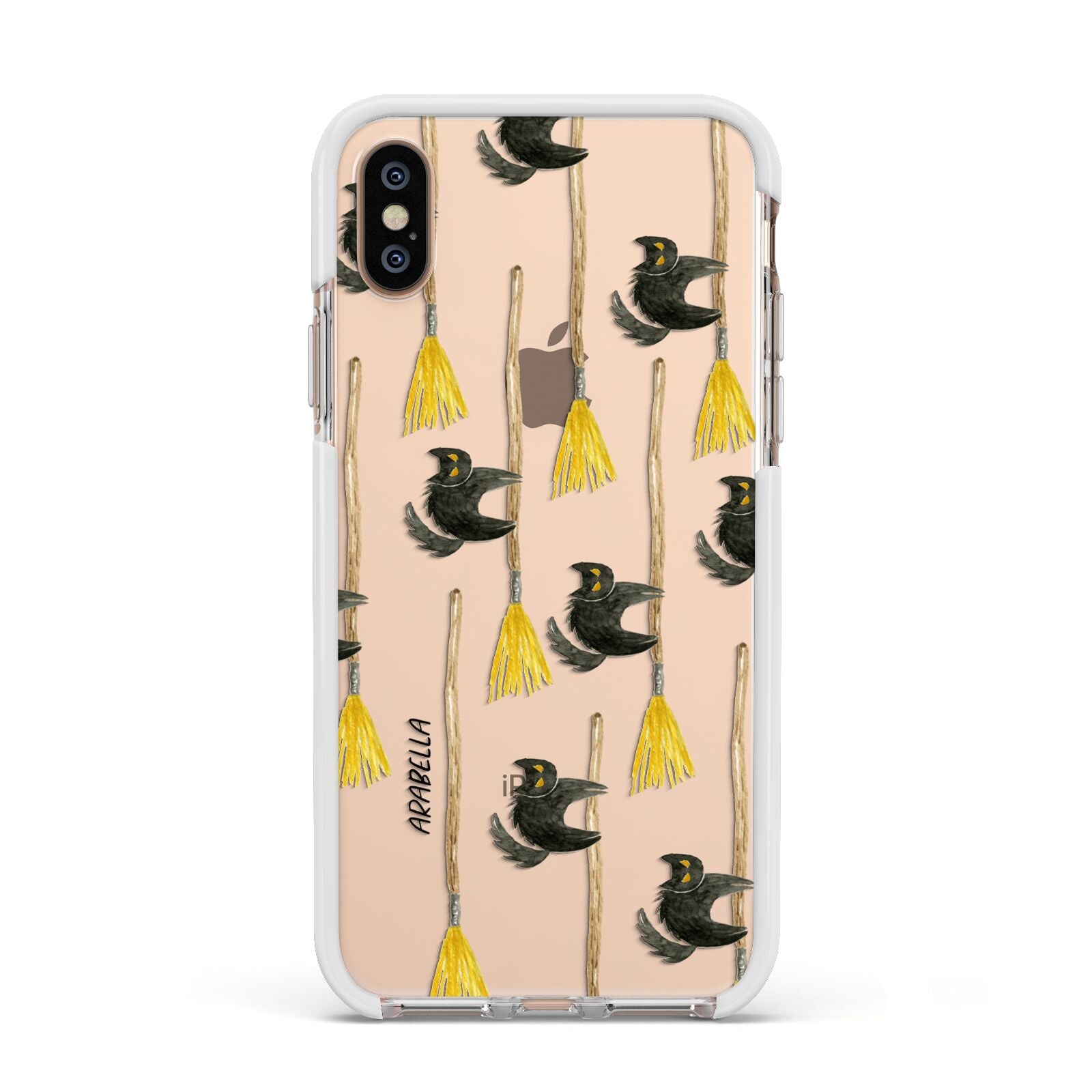 Cats on Broomsticks Halloween Apple iPhone Xs Impact Case White Edge on Gold Phone