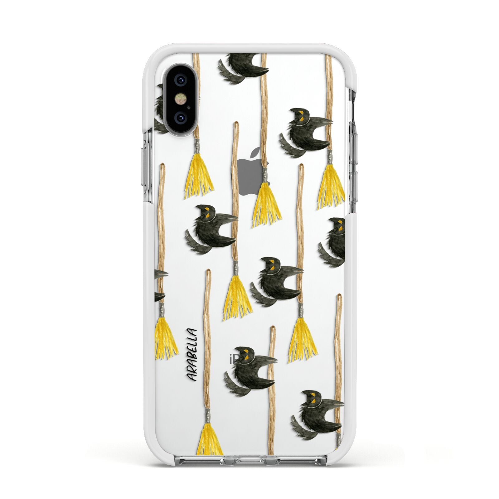 Cats on Broomsticks Halloween Apple iPhone Xs Impact Case White Edge on Silver Phone