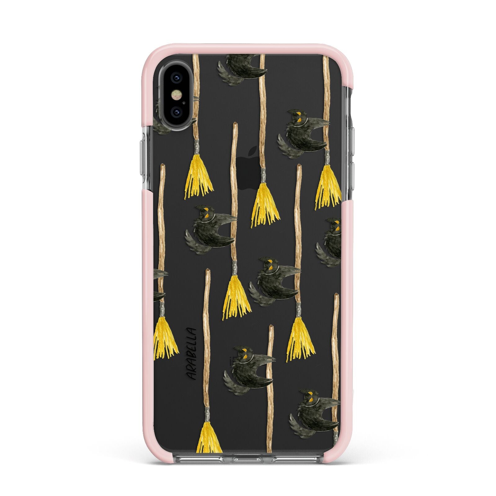 Cats on Broomsticks Halloween Apple iPhone Xs Max Impact Case Pink Edge on Black Phone