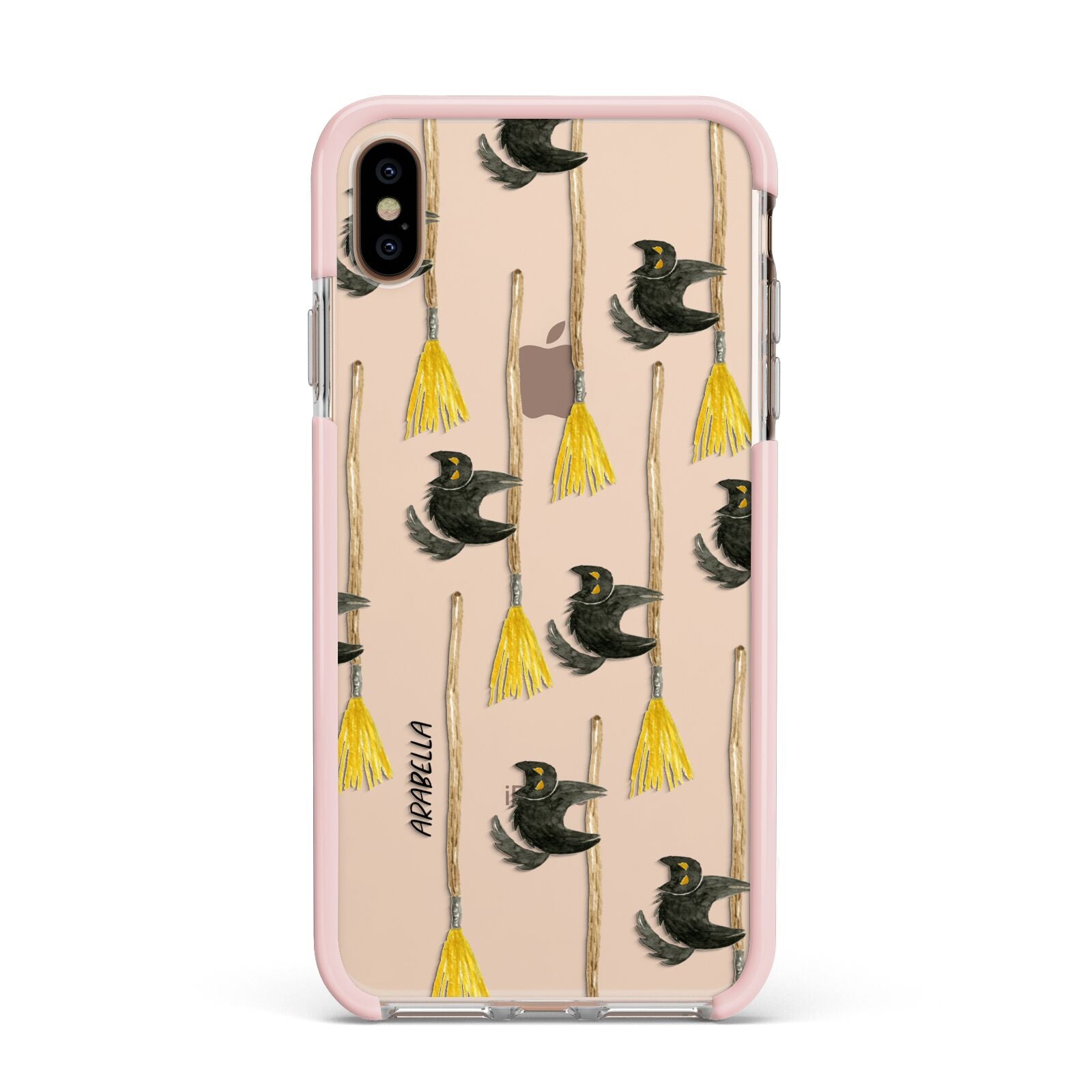 Cats on Broomsticks Halloween Apple iPhone Xs Max Impact Case Pink Edge on Gold Phone