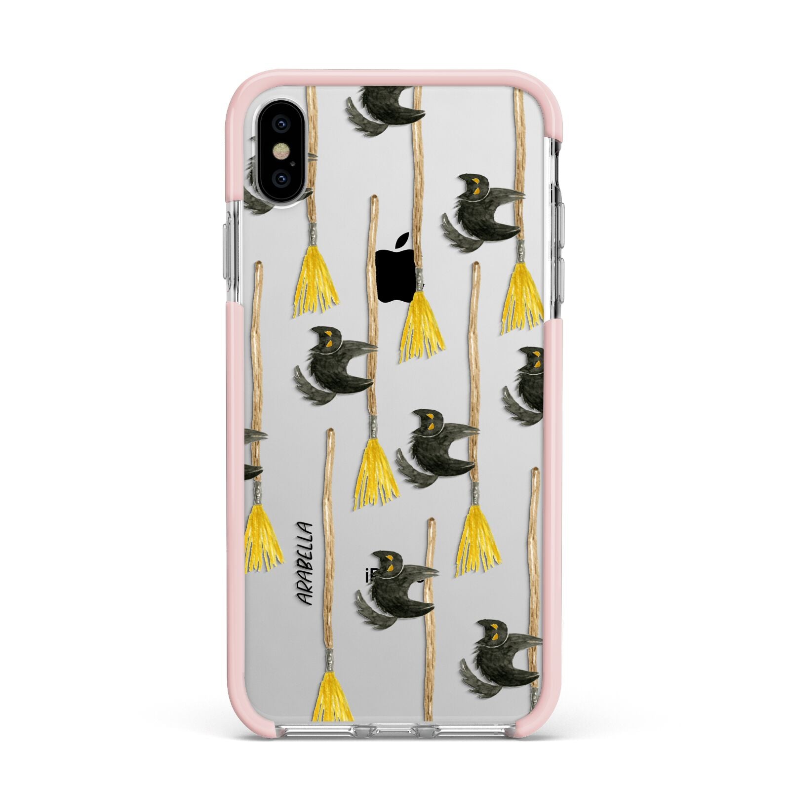 Cats on Broomsticks Halloween Apple iPhone Xs Max Impact Case Pink Edge on Silver Phone