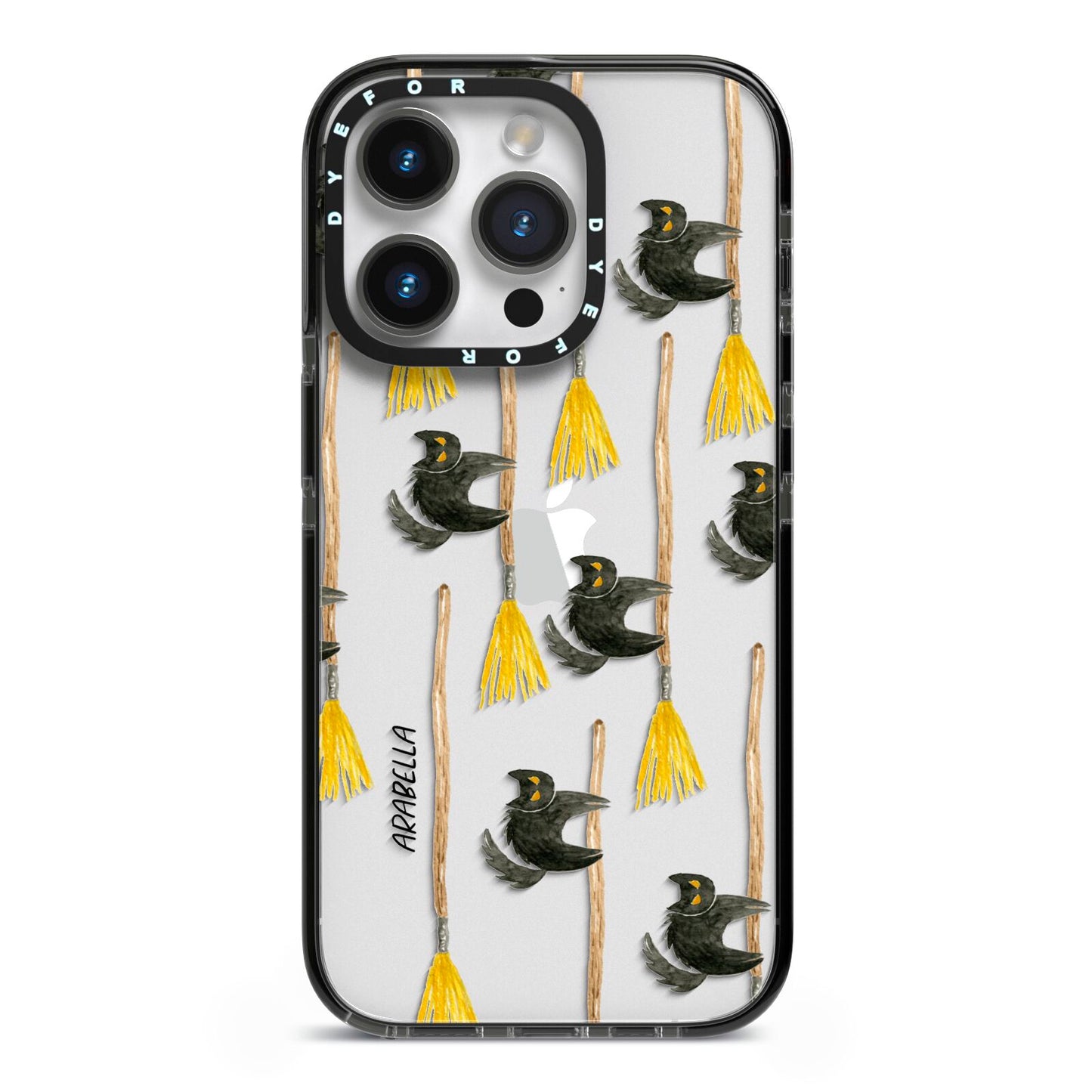 Cats on Broomsticks Halloween iPhone 14 Pro Black Impact Case on Silver phone