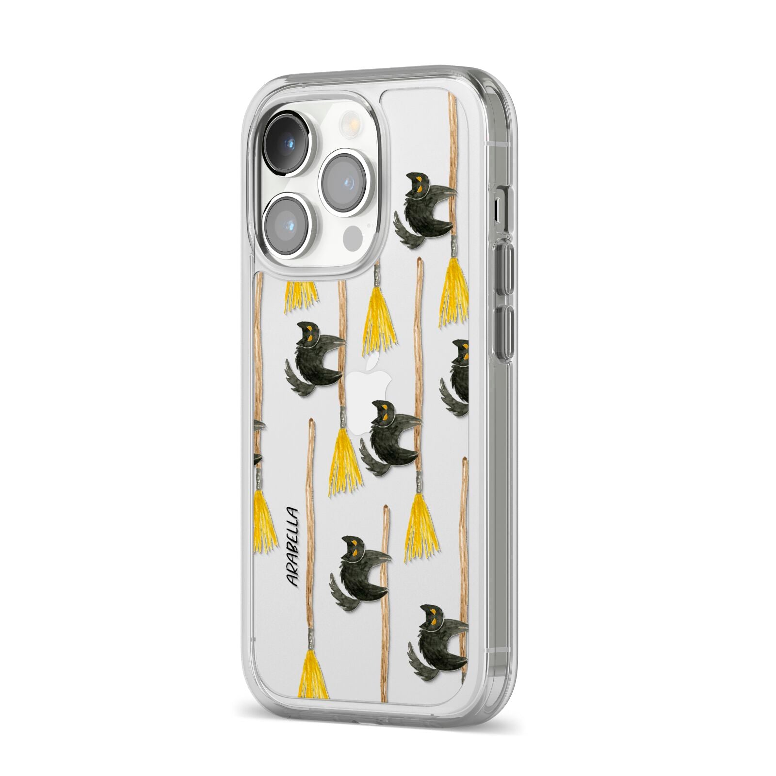 Cats on Broomsticks Halloween iPhone 14 Pro Clear Tough Case Silver Angled Image