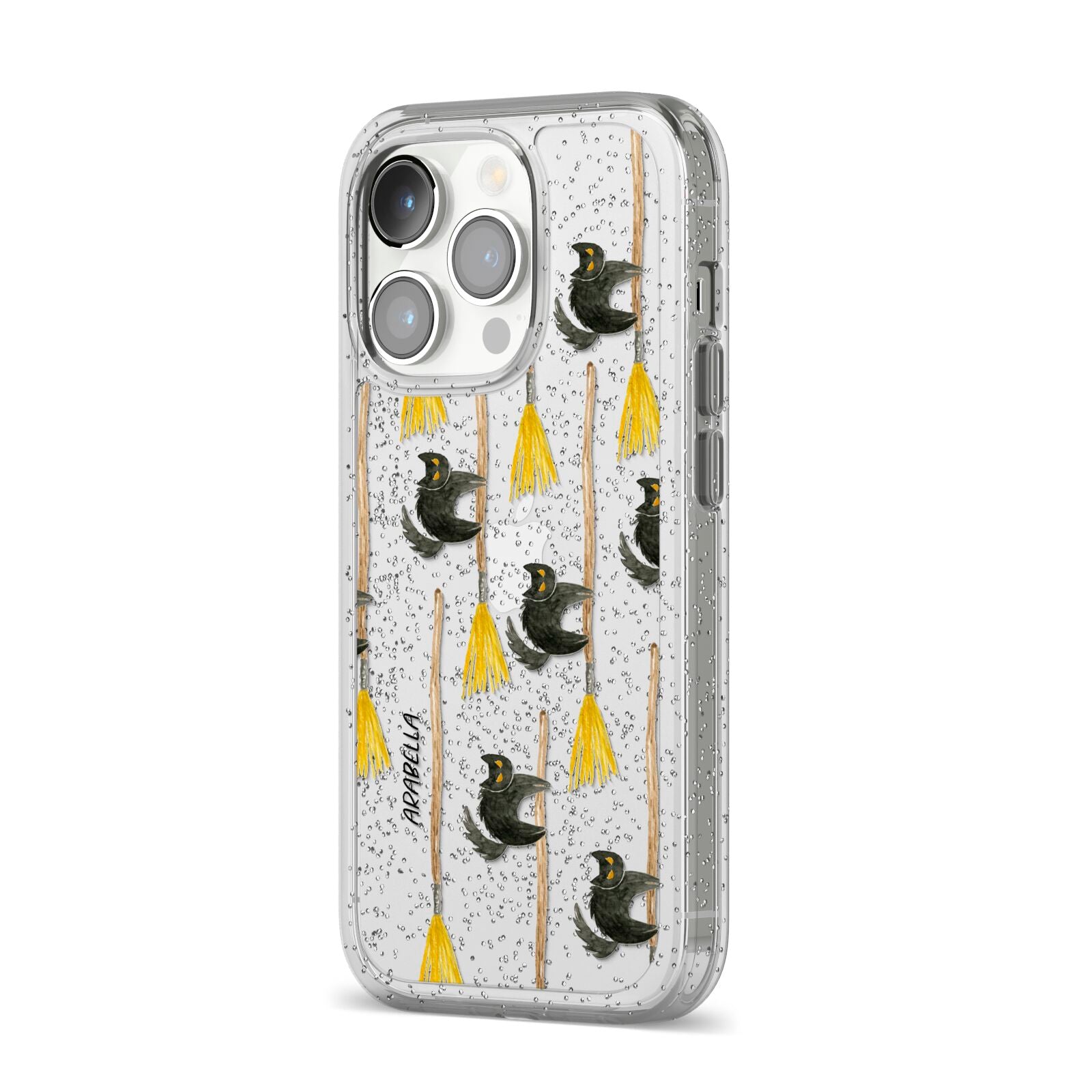 Cats on Broomsticks Halloween iPhone 14 Pro Glitter Tough Case Silver Angled Image