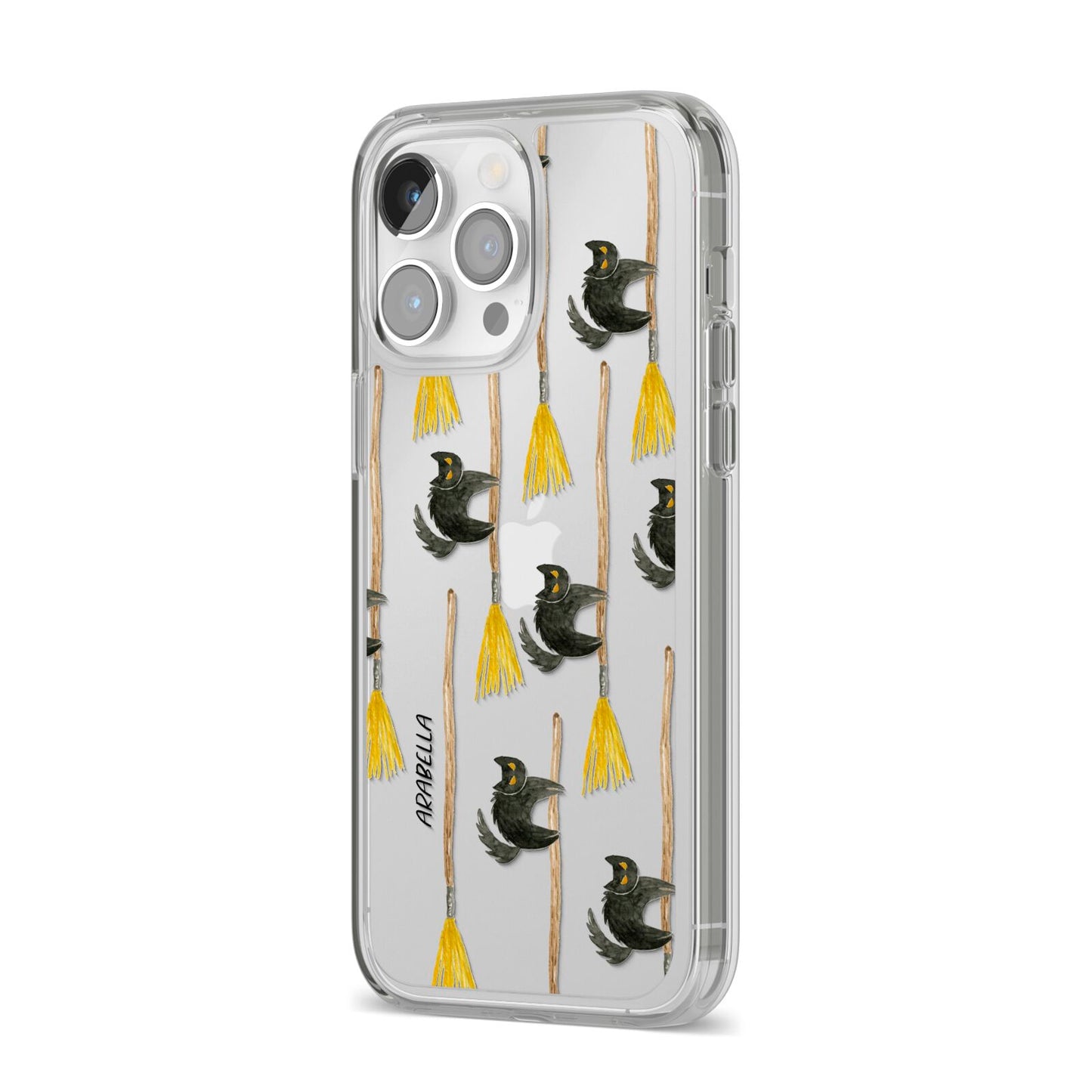 Cats on Broomsticks Halloween iPhone 14 Pro Max Clear Tough Case Silver Angled Image