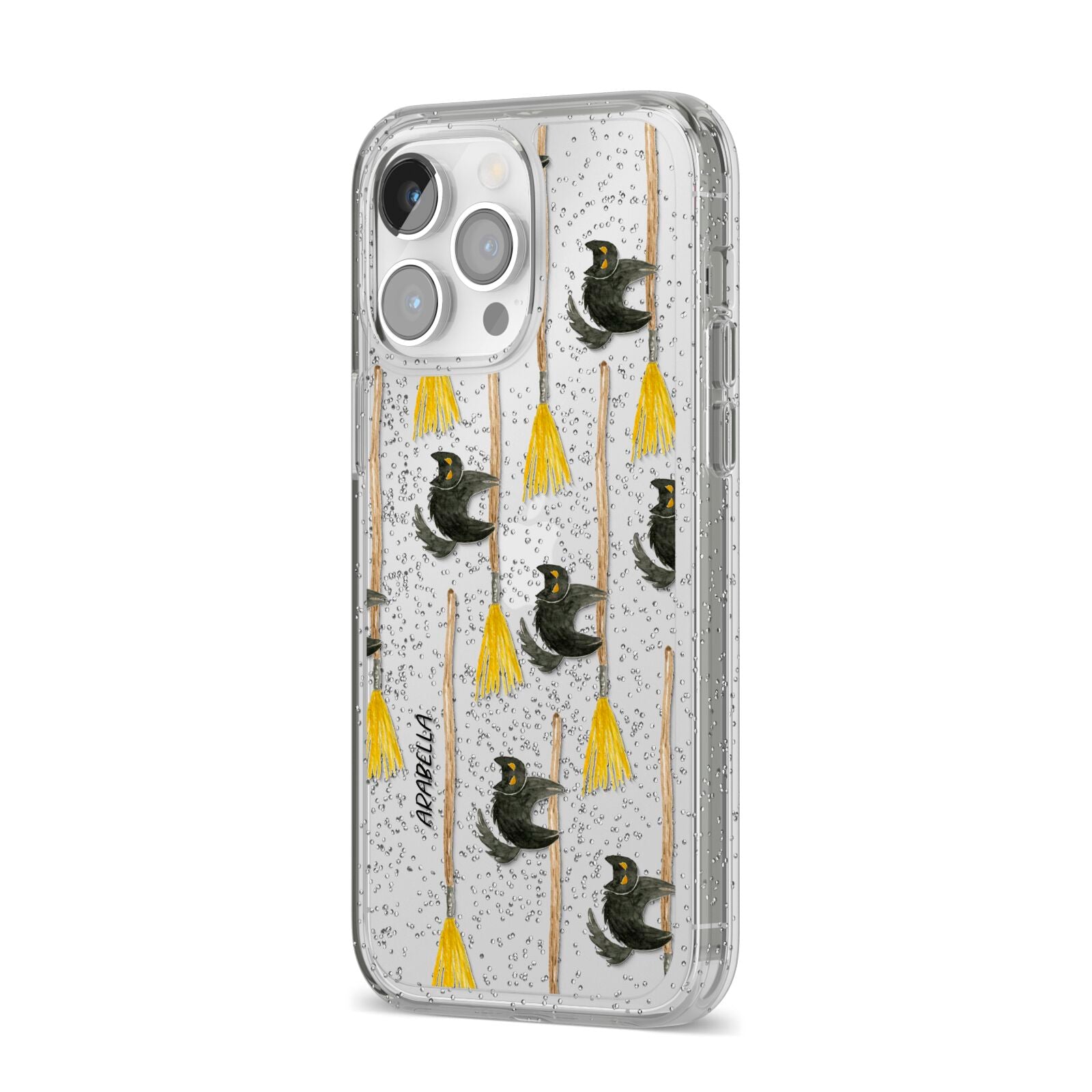 Cats on Broomsticks Halloween iPhone 14 Pro Max Glitter Tough Case Silver Angled Image