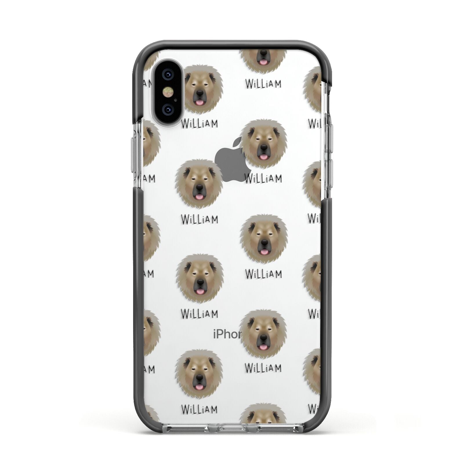 Causasian Shepherd Icon with Name Apple iPhone Xs Impact Case Black Edge on Silver Phone