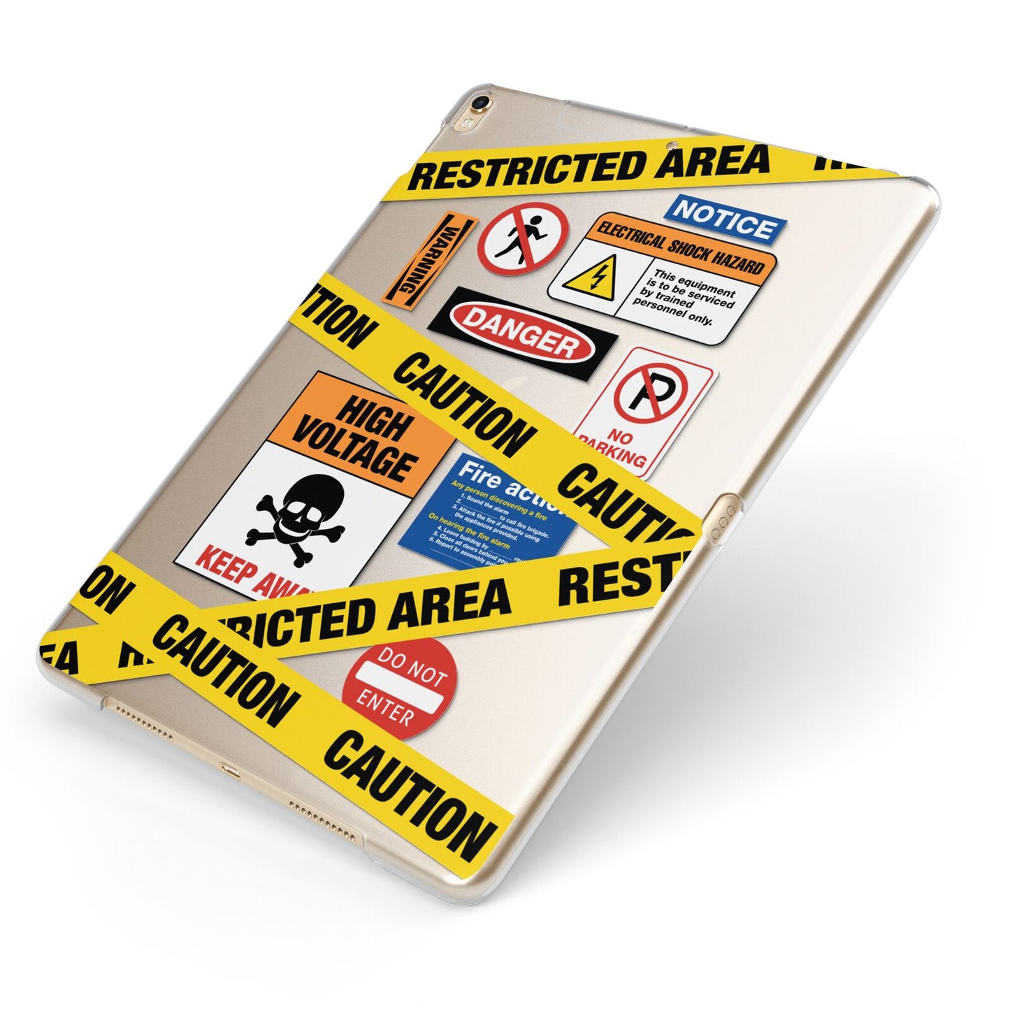 Caution Stickers Apple iPad Case on Gold iPad Side View