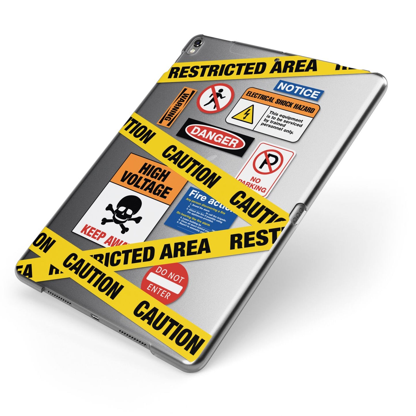 Caution Stickers Apple iPad Case on Grey iPad Side View