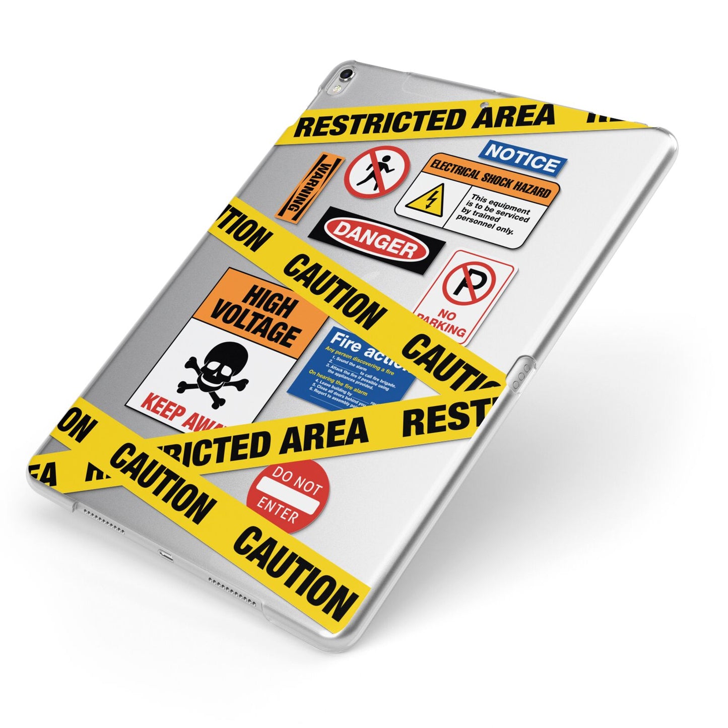 Caution Stickers Apple iPad Case on Silver iPad Side View