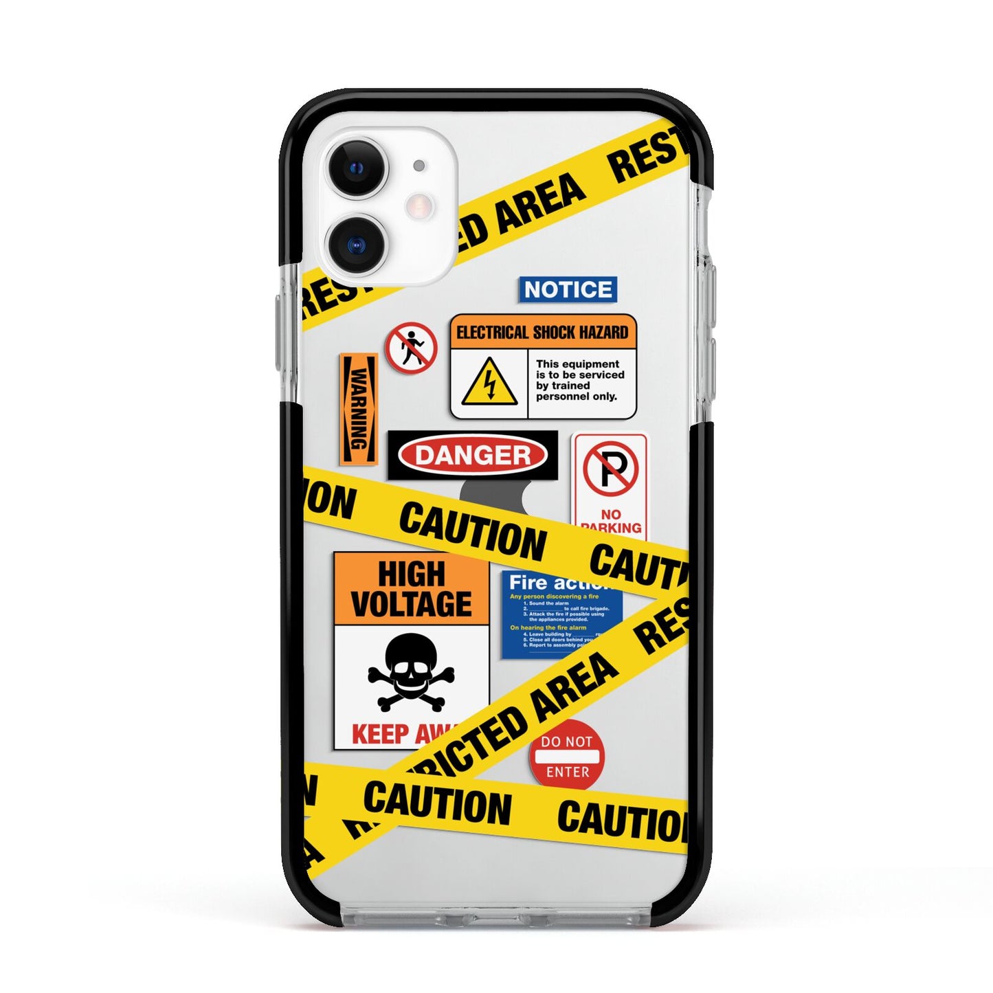 Caution Stickers Apple iPhone 11 in White with Black Impact Case