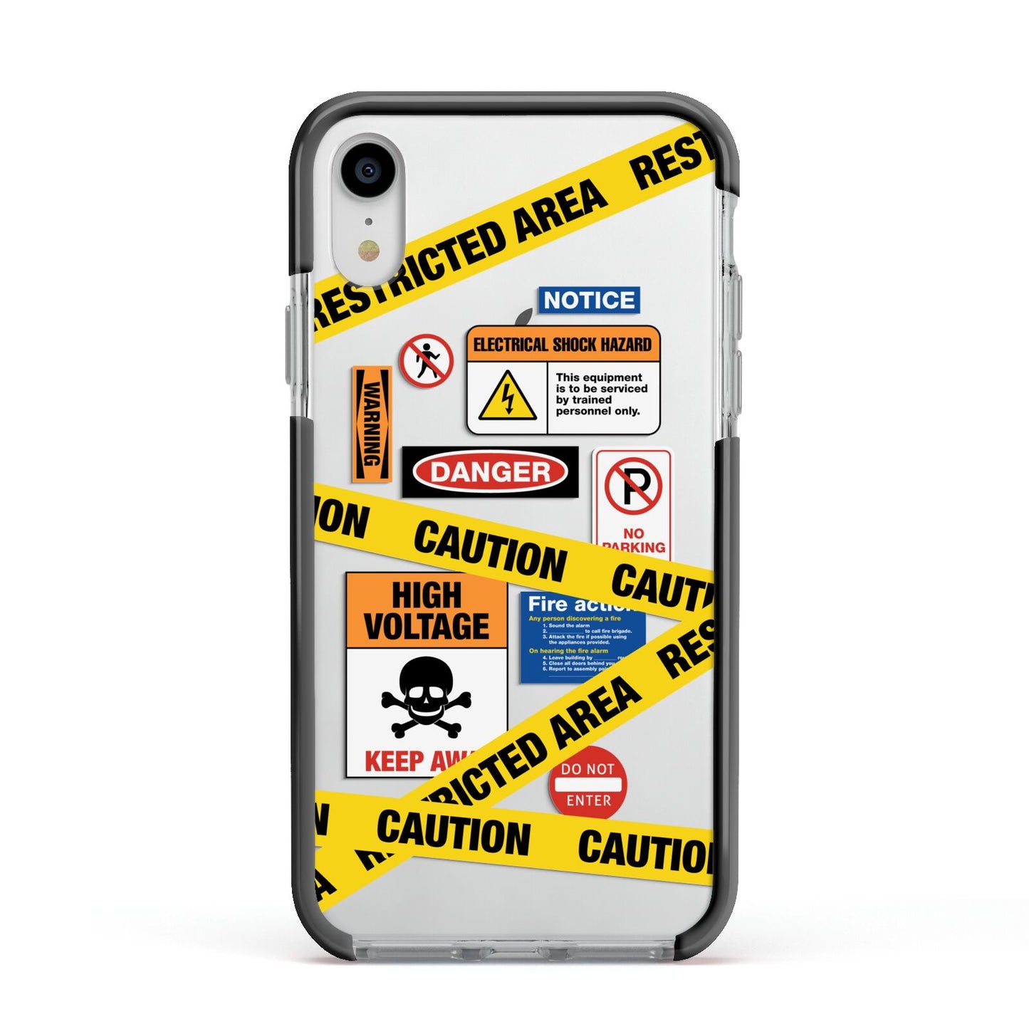 Caution Stickers Apple iPhone XR Impact Case Black Edge on Silver Phone