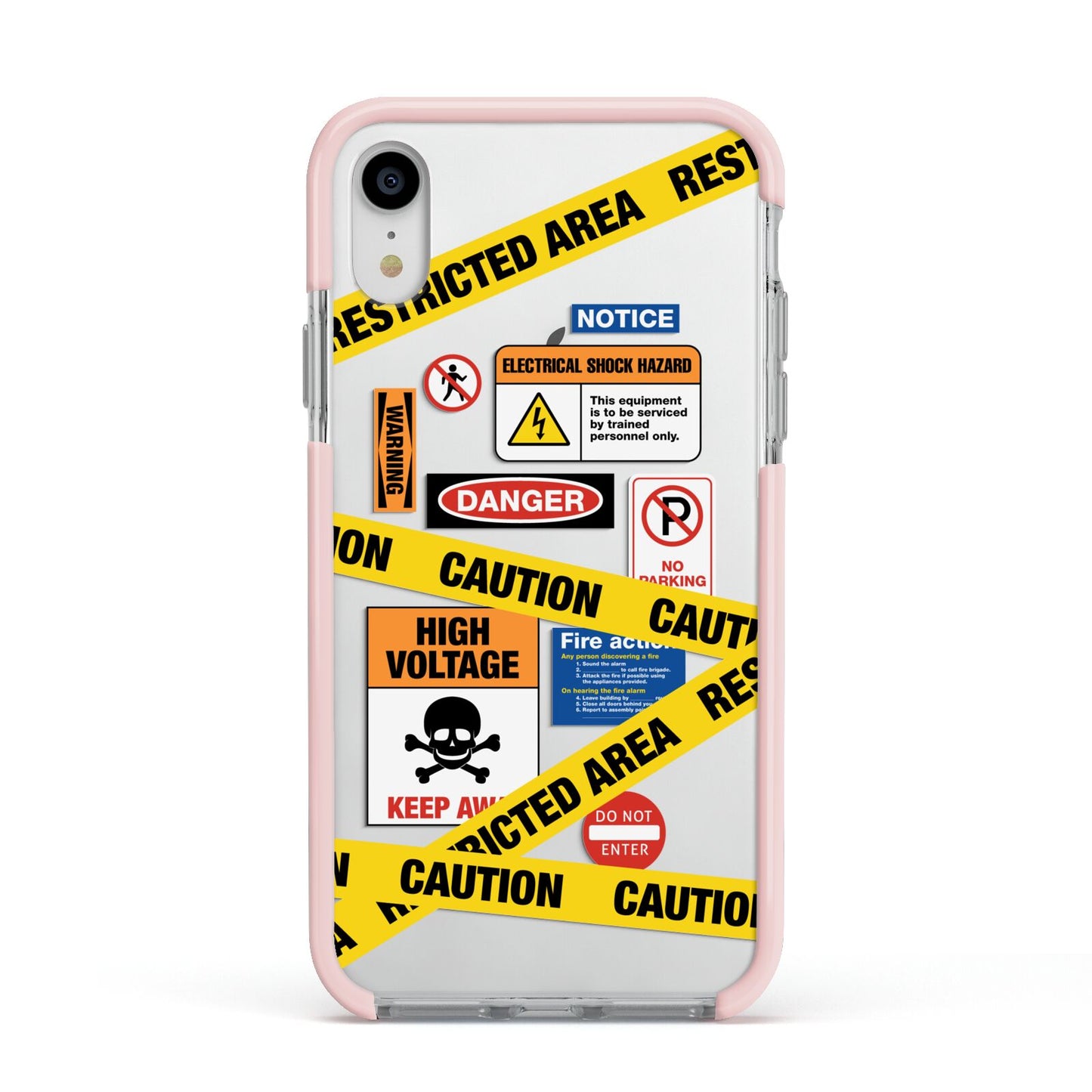 Caution Stickers Apple iPhone XR Impact Case Pink Edge on Silver Phone