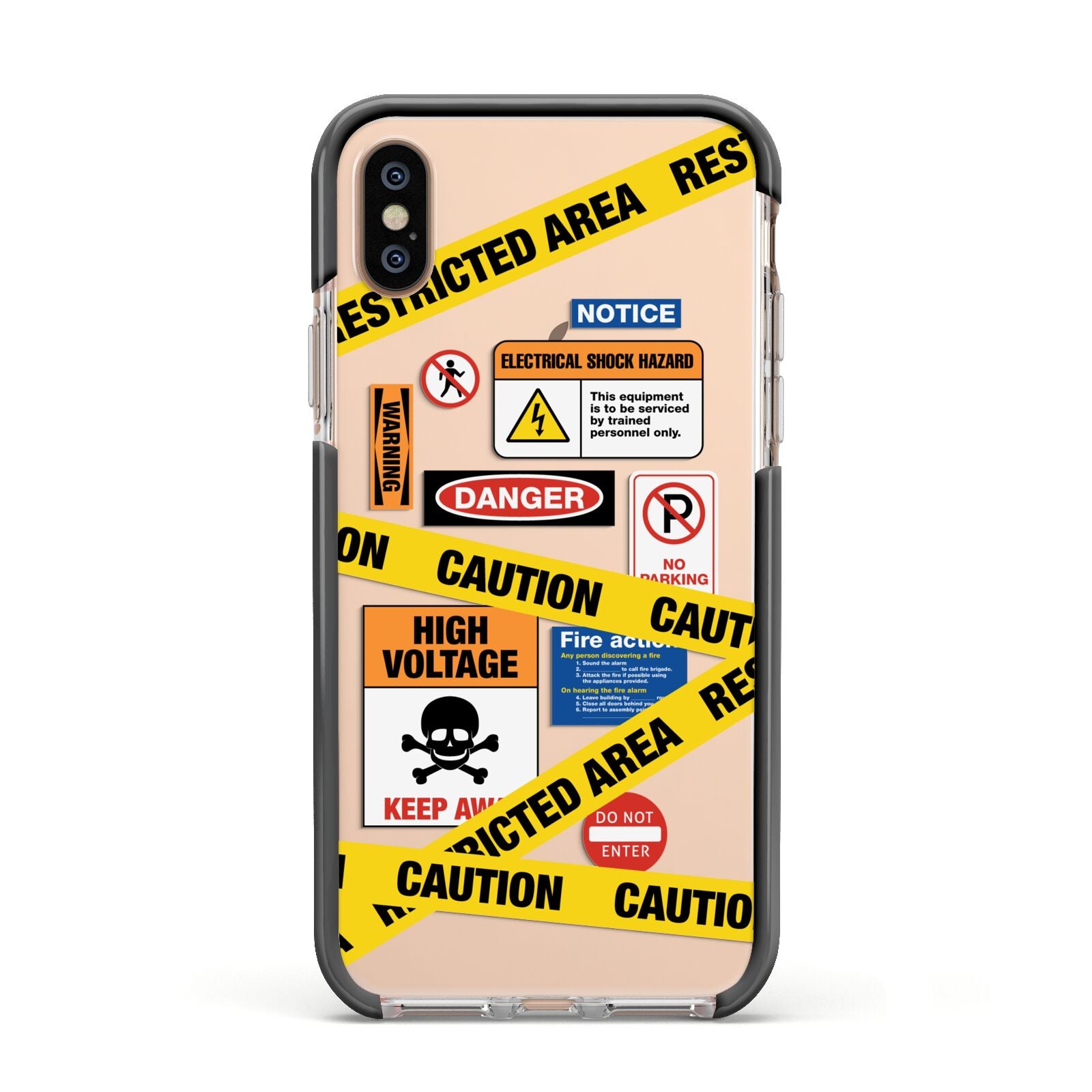 Caution Stickers Apple iPhone Xs Impact Case Black Edge on Gold Phone