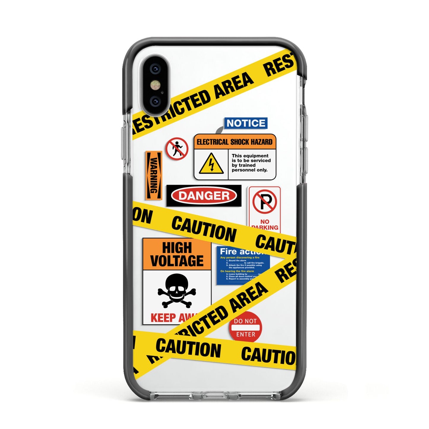 Caution Stickers Apple iPhone Xs Impact Case Black Edge on Silver Phone