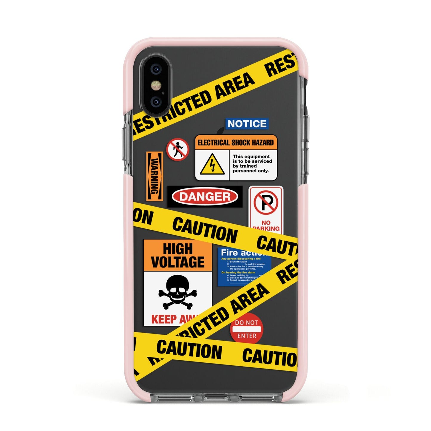 Caution Stickers Apple iPhone Xs Impact Case Pink Edge on Black Phone