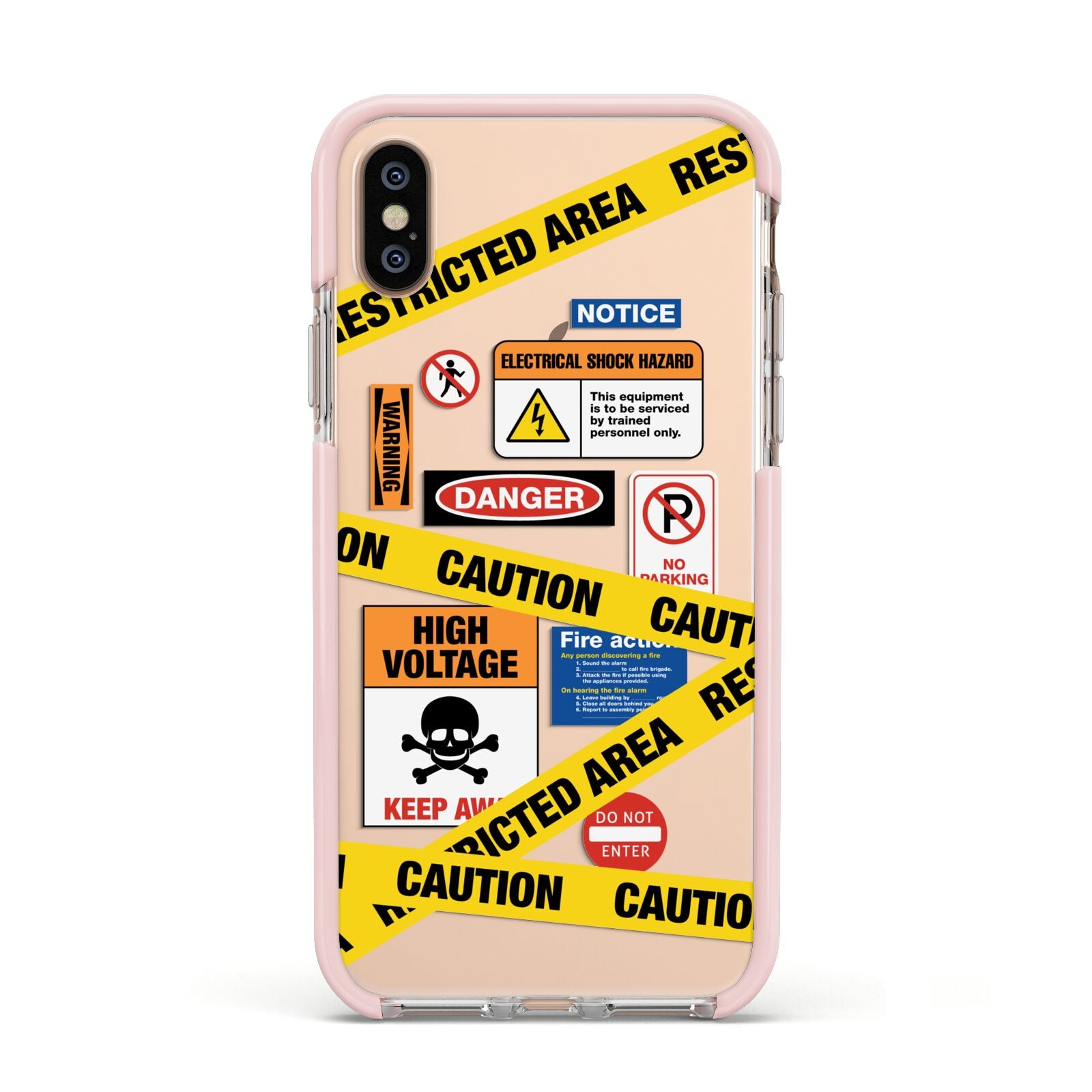 Caution Stickers Apple iPhone Xs Impact Case Pink Edge on Gold Phone