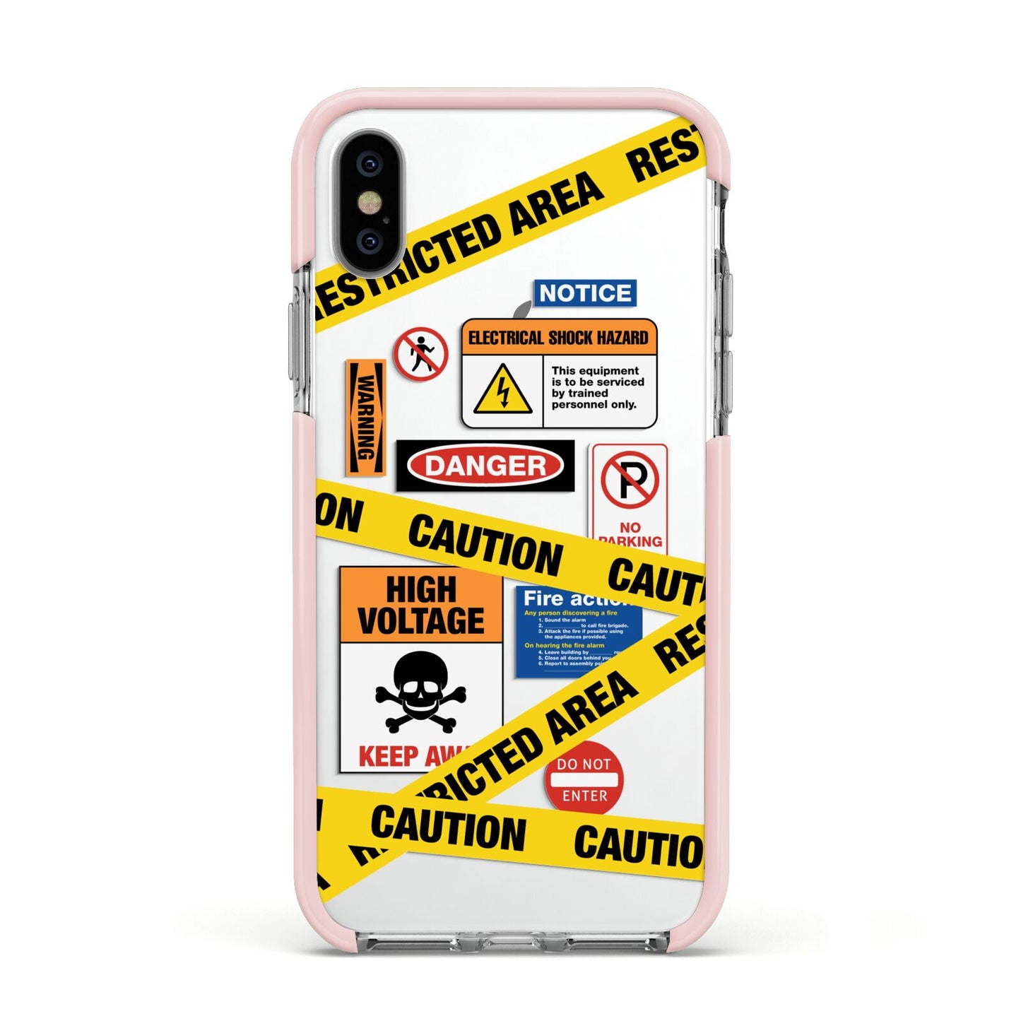 Caution Stickers Apple iPhone Xs Impact Case Pink Edge on Silver Phone