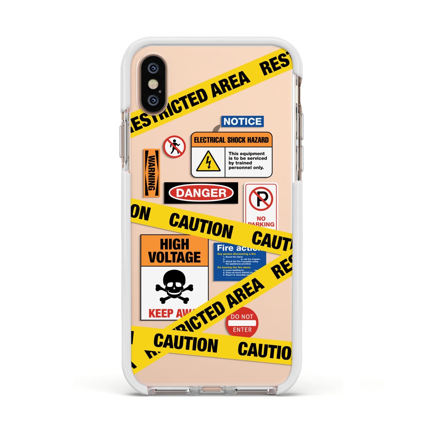 Caution Stickers Apple iPhone Xs Impact Case White Edge on Gold Phone