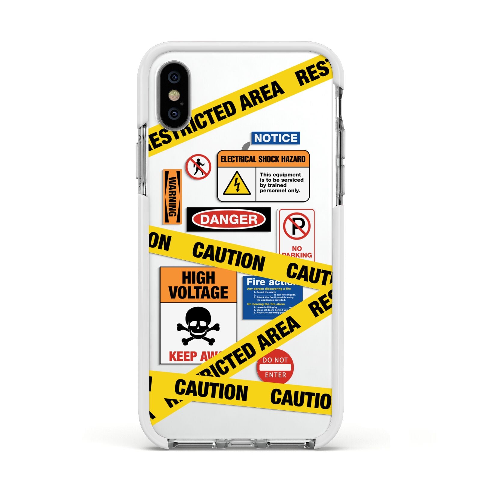 Caution Stickers Apple iPhone Xs Impact Case White Edge on Silver Phone