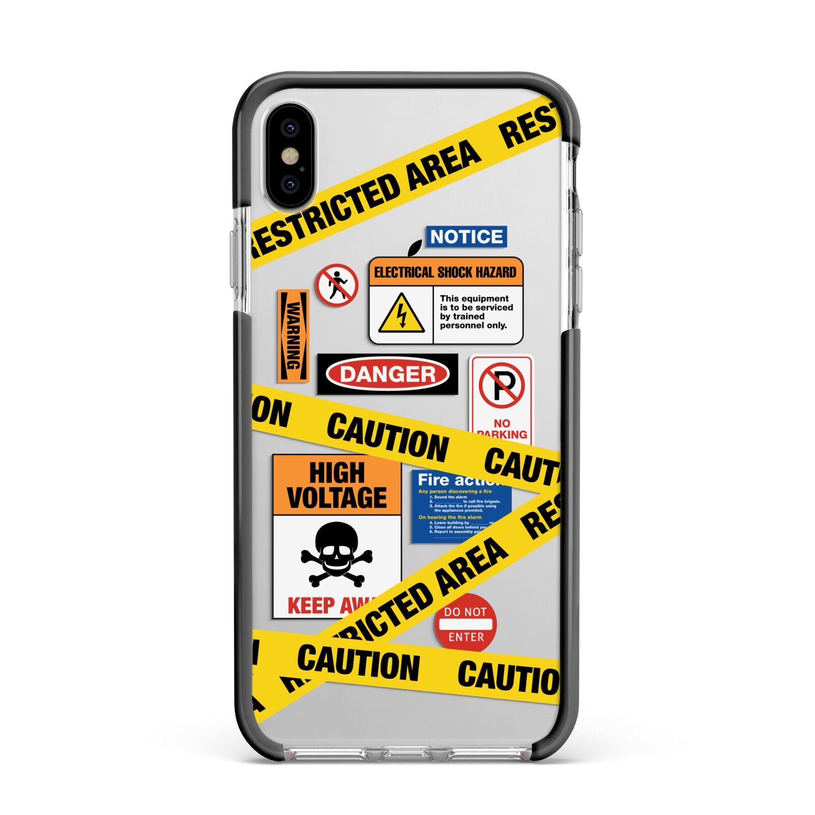 Caution Stickers Apple iPhone Xs Max Impact Case Black Edge on Silver Phone