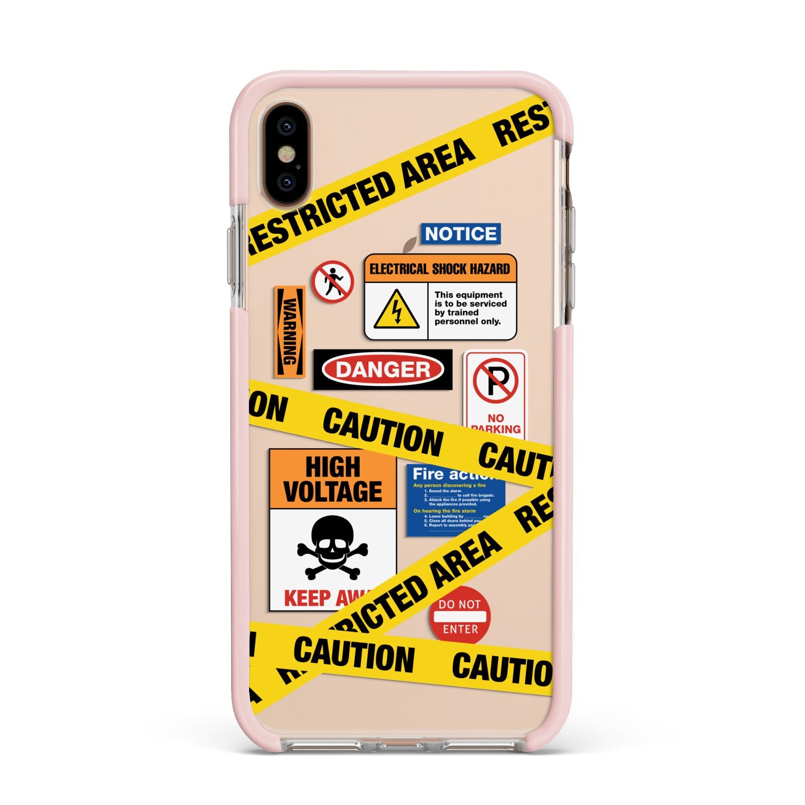 Caution Stickers Apple iPhone Xs Max Impact Case Pink Edge on Gold Phone