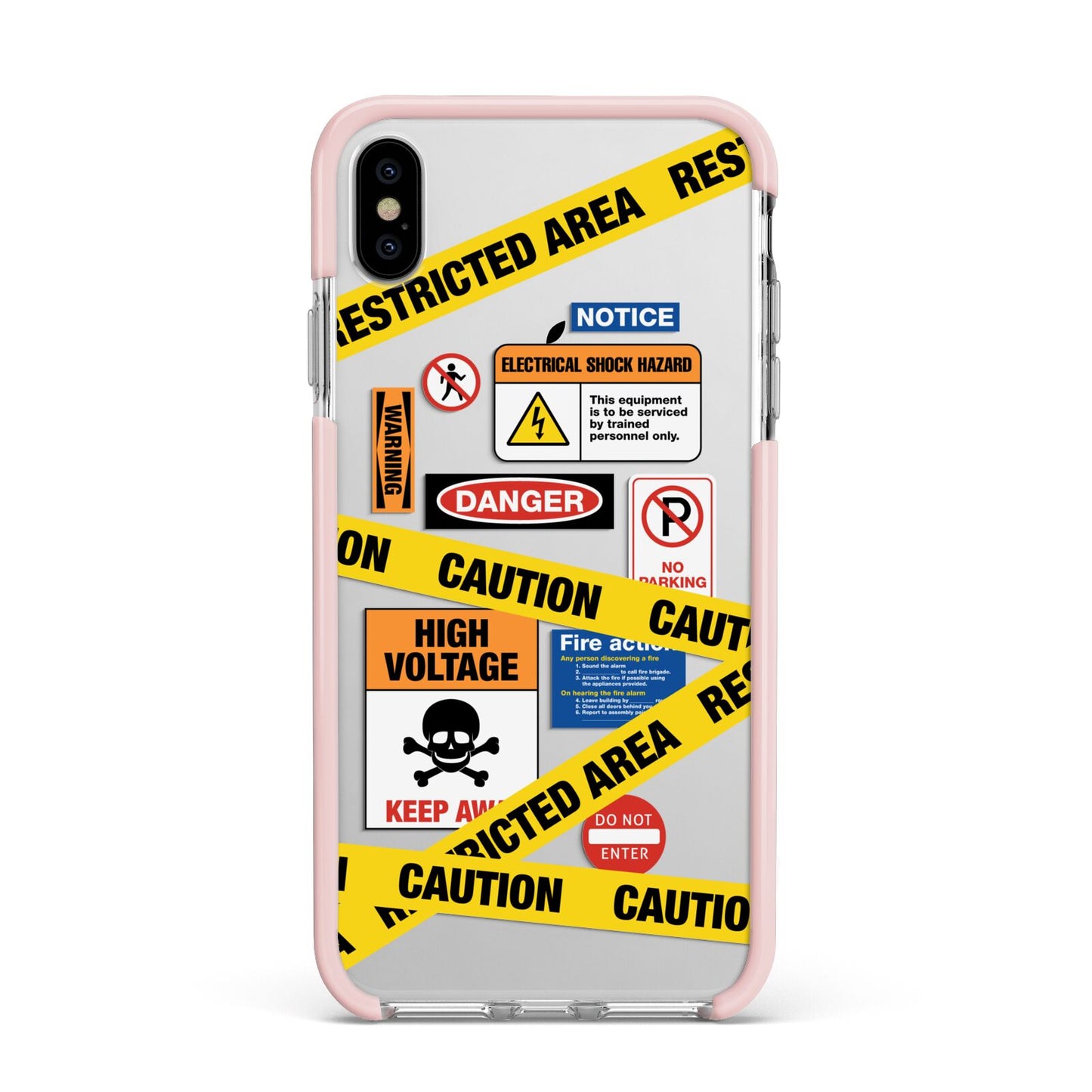 Caution Stickers Apple iPhone Xs Max Impact Case Pink Edge on Silver Phone