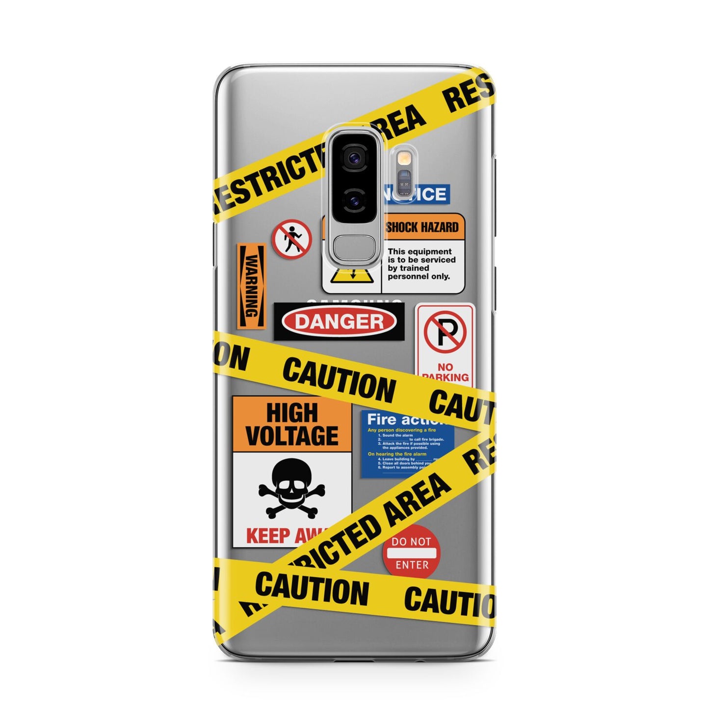 Caution Stickers Samsung Galaxy S9 Plus Case on Silver phone