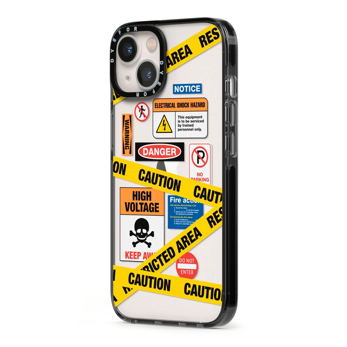 Caution Stickers iPhone 13 Black Impact Case Side Angle on Silver phone