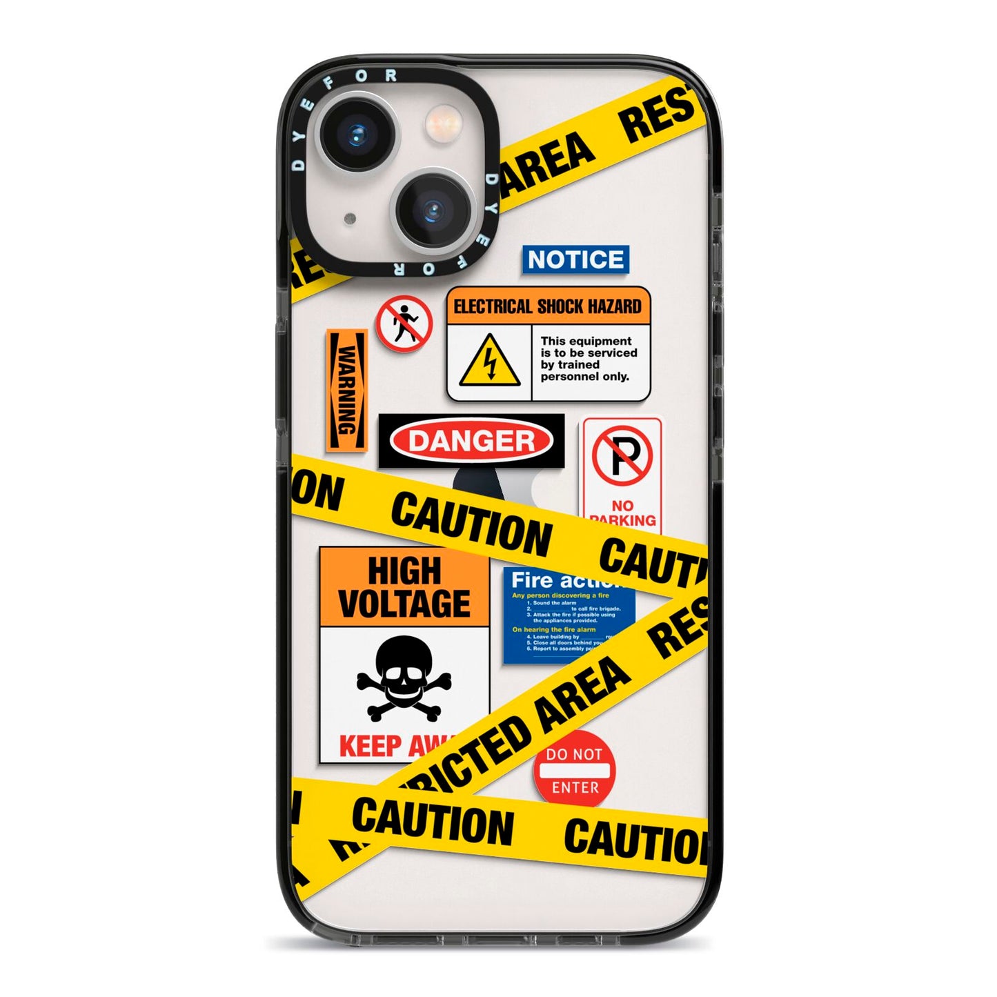 Caution Stickers iPhone 13 Black Impact Case on Silver phone