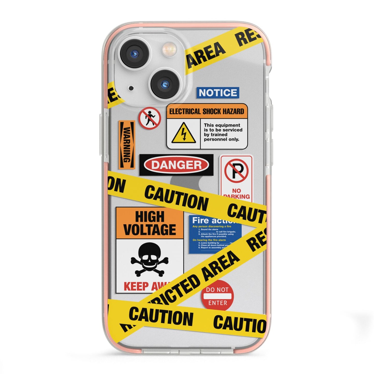 Caution Stickers iPhone 13 Mini TPU Impact Case with Pink Edges