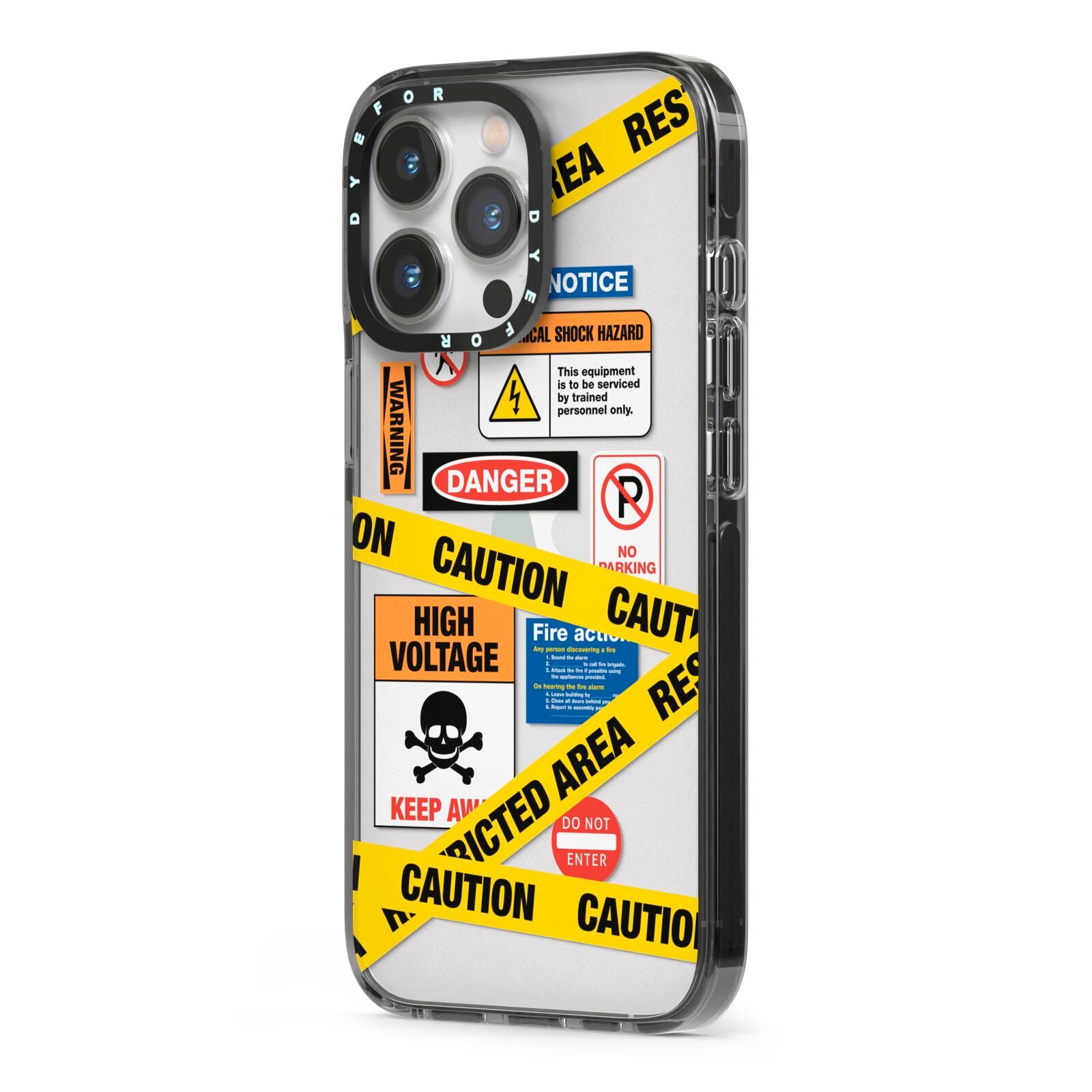 Caution Stickers iPhone 13 Pro Black Impact Case Side Angle on Silver phone