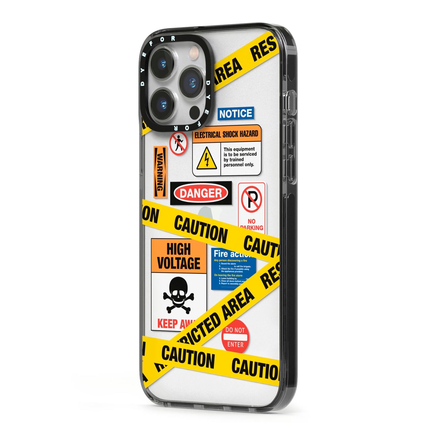 Caution Stickers iPhone 13 Pro Max Black Impact Case Side Angle on Silver phone