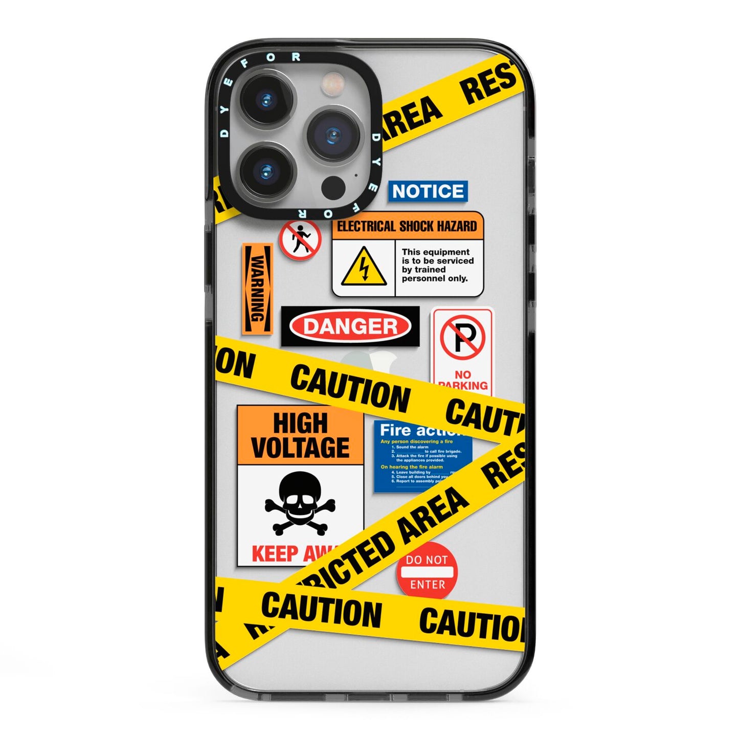 Caution Stickers iPhone 13 Pro Max Black Impact Case on Silver phone