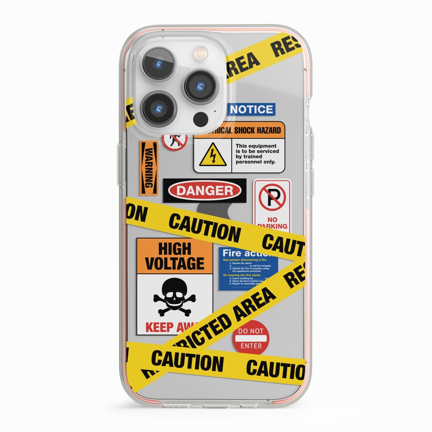 Caution Stickers iPhone 13 Pro TPU Impact Case with Pink Edges